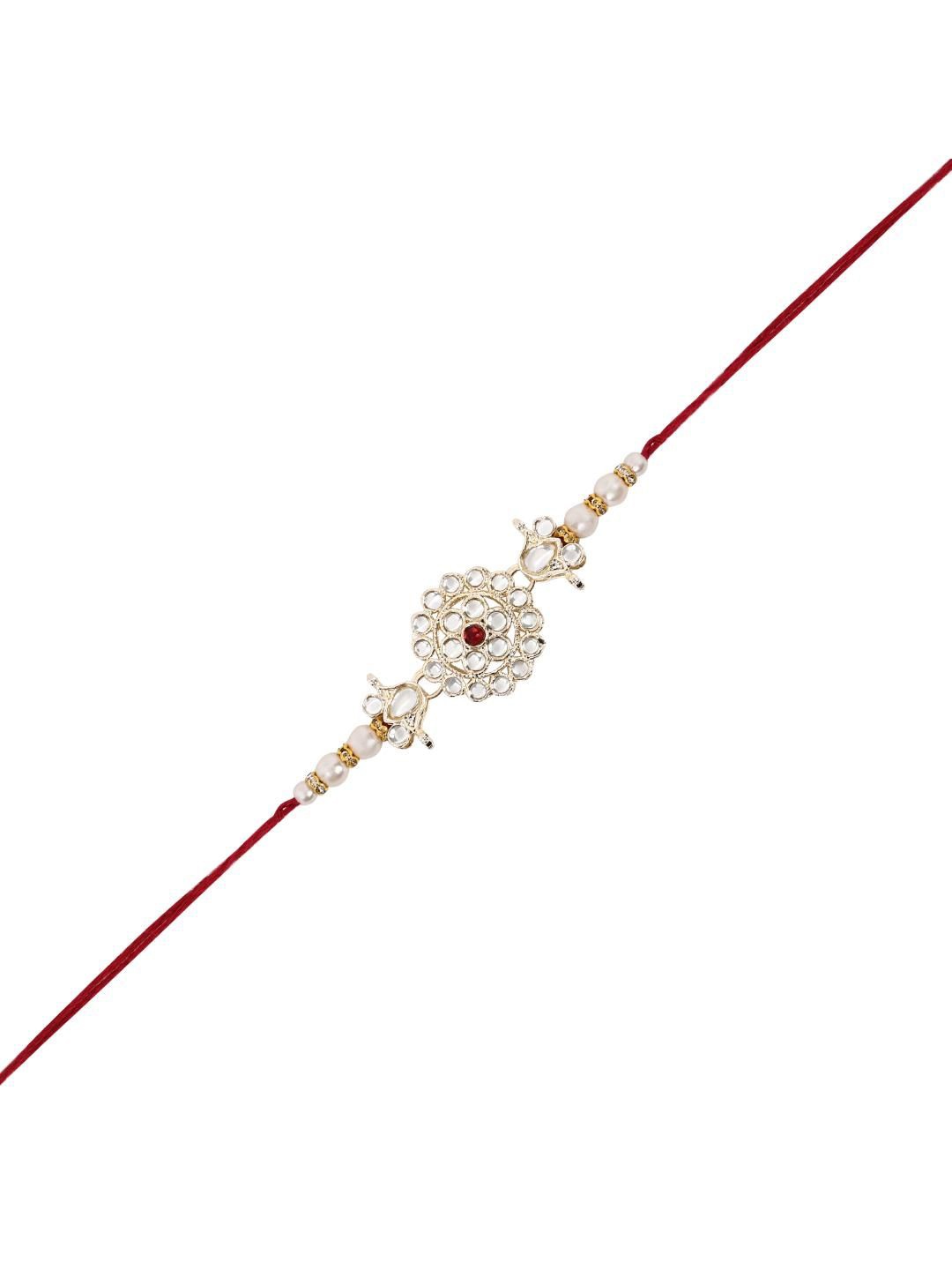 

I Jewels Kundan Studded Pearl Beaded Thread Rakhi With Roli Chawal, Pink