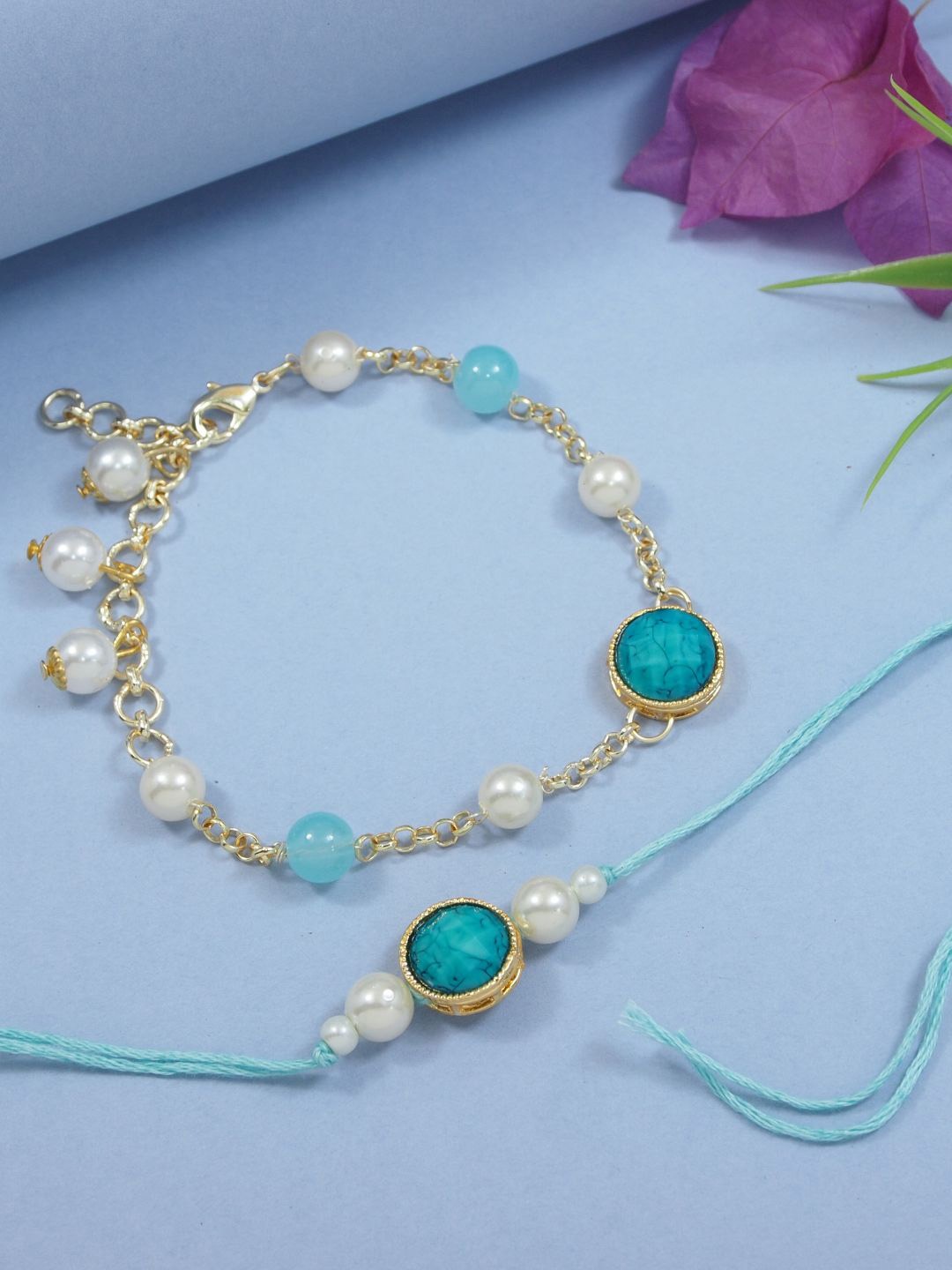 

I Jewels Set Of 2 Bhaiya Bhabhi Embellished Rakhi With Roli Chawal & Card, Turquoise blue