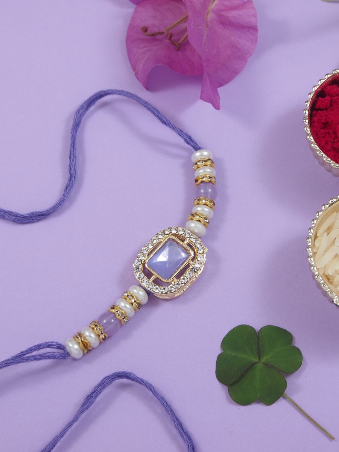 

I Jewels Kundan Studded Pearl Beaded Thread Rakhi With Roli Chawal, Purple