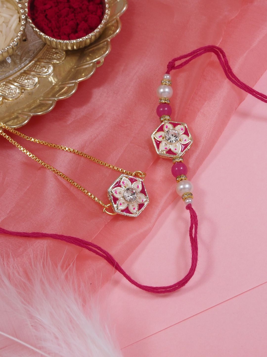 

I Jewels 4pc Rakhi Greeting Card & Roli Chawal Gift Set, Pink
