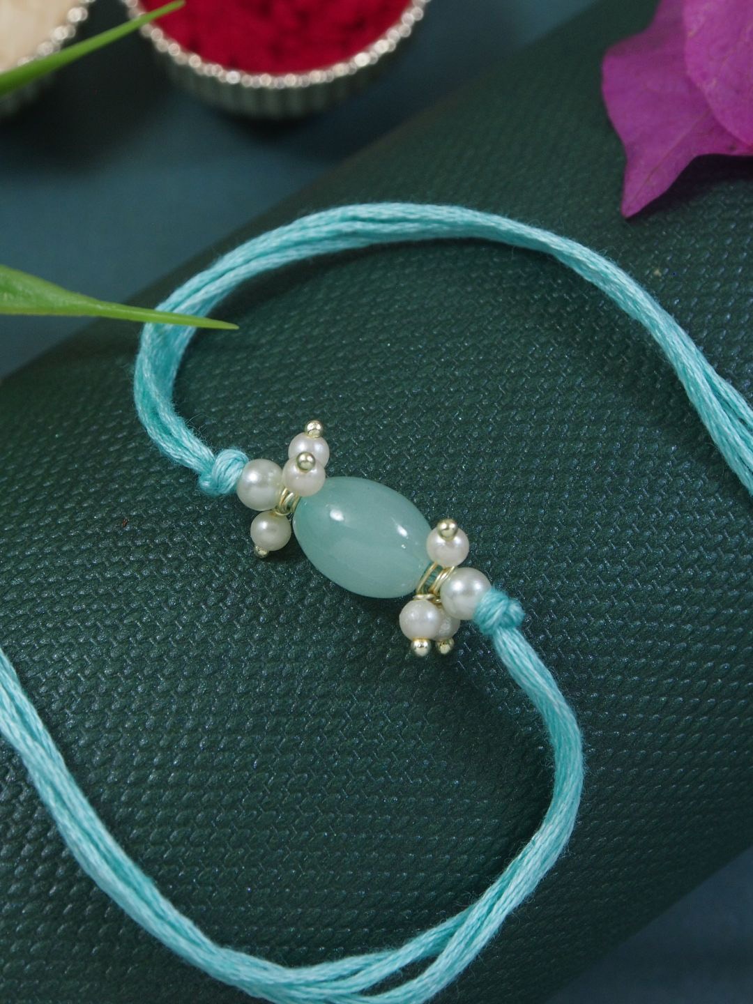 

I Jewels Pearl Beaded Thread Rakhi With Roli Chawal, Sea green