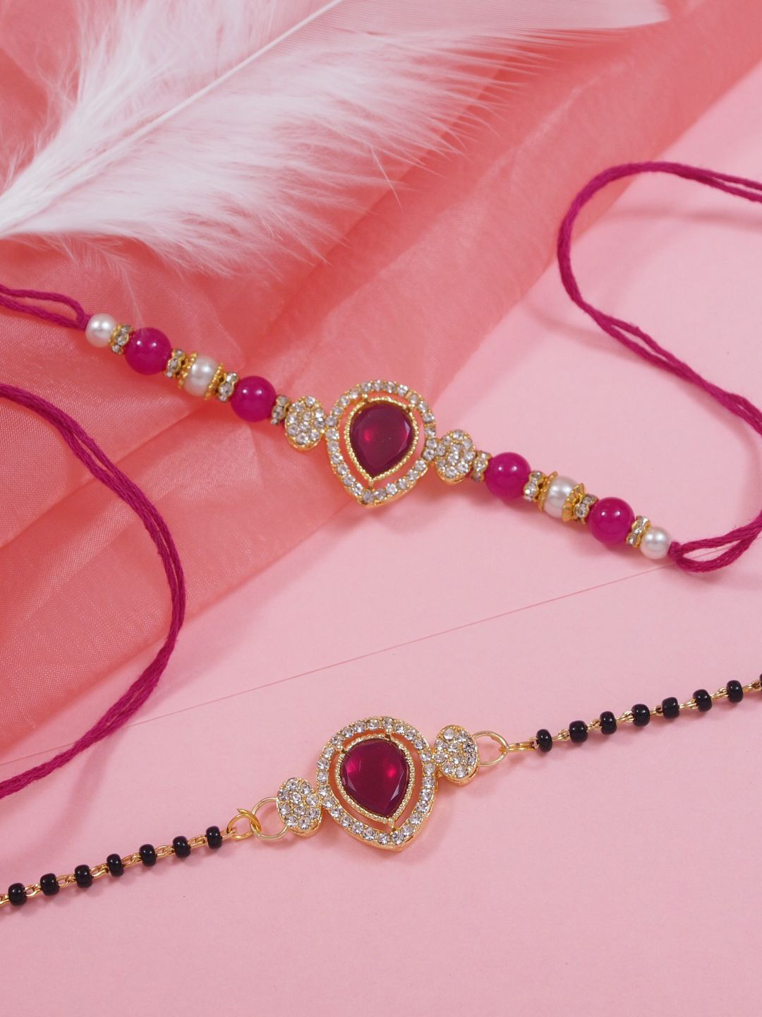 

I Jewels Set Of 2 Bhaiya Bhabhi Embellished Rakhi With Roli Chawal & Card, Pink