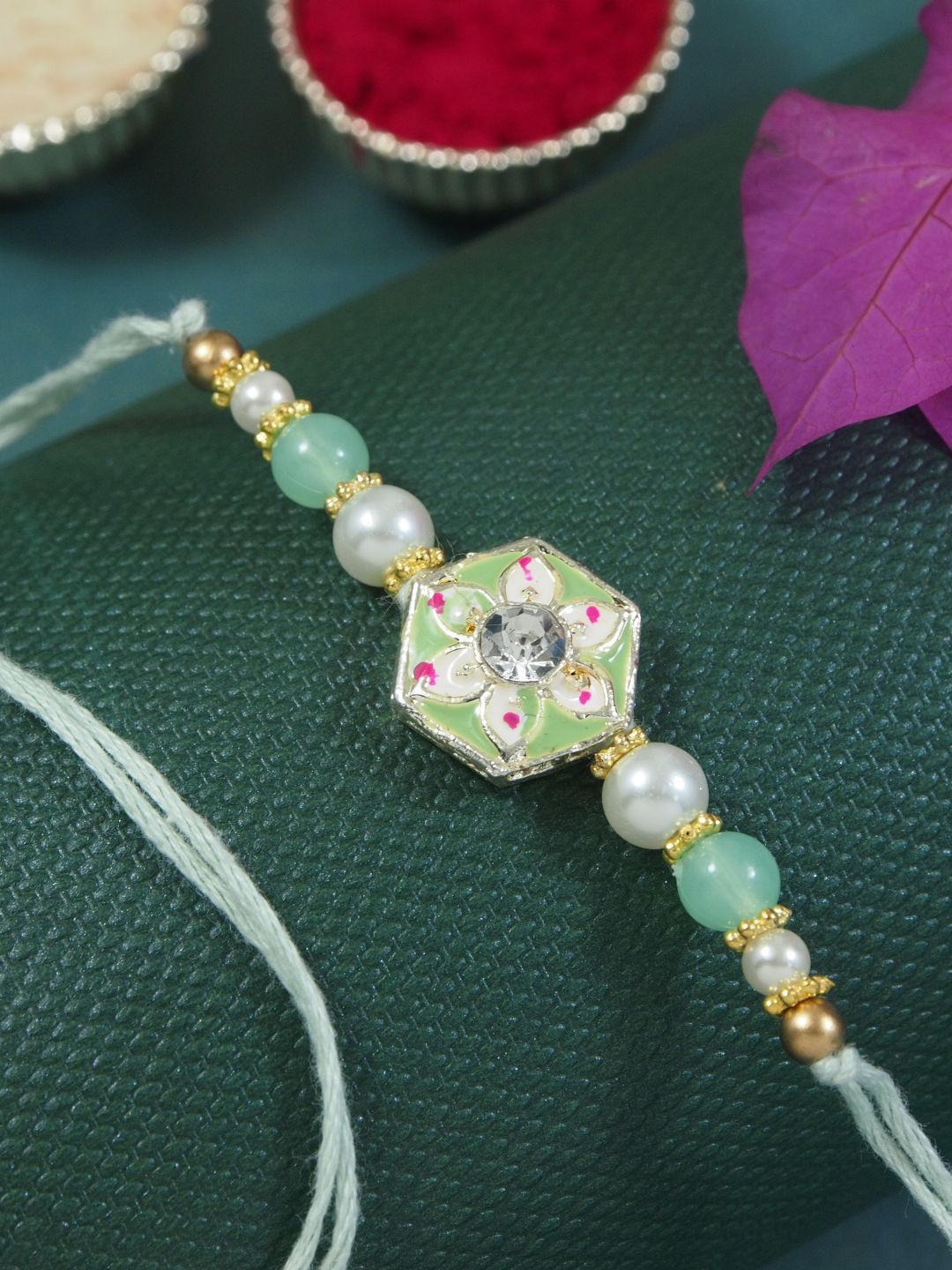 

I Jewels Kundan Studded Pearl Beaded Meenakari Thread Rakhi With Roli Chawal, Sea green