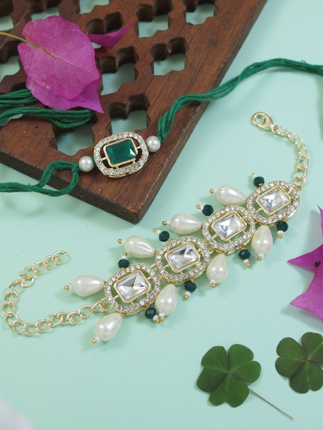 

I Jewels Kundan Studded Pearl Bhaiya Bhabhi Lumba Bracelet Rakhis With Roli Chawal, Green