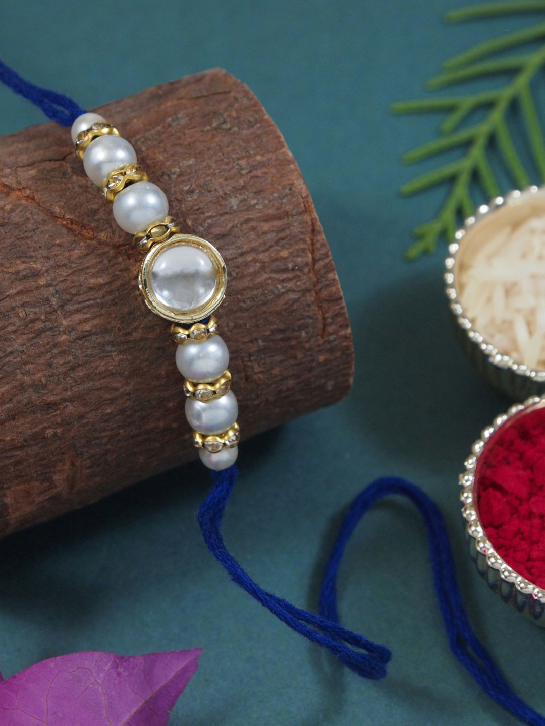 

I Jewels Pearl Beaded Thread Rakhi With Roli Chawal, Blue