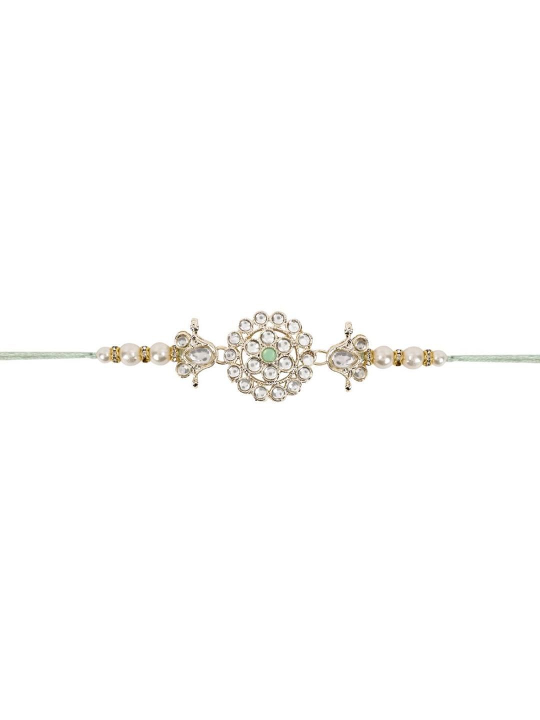 

I Jewels Kundan Studded Pearl Beaded Thread Rakhi With Roli Chawal, Sea green