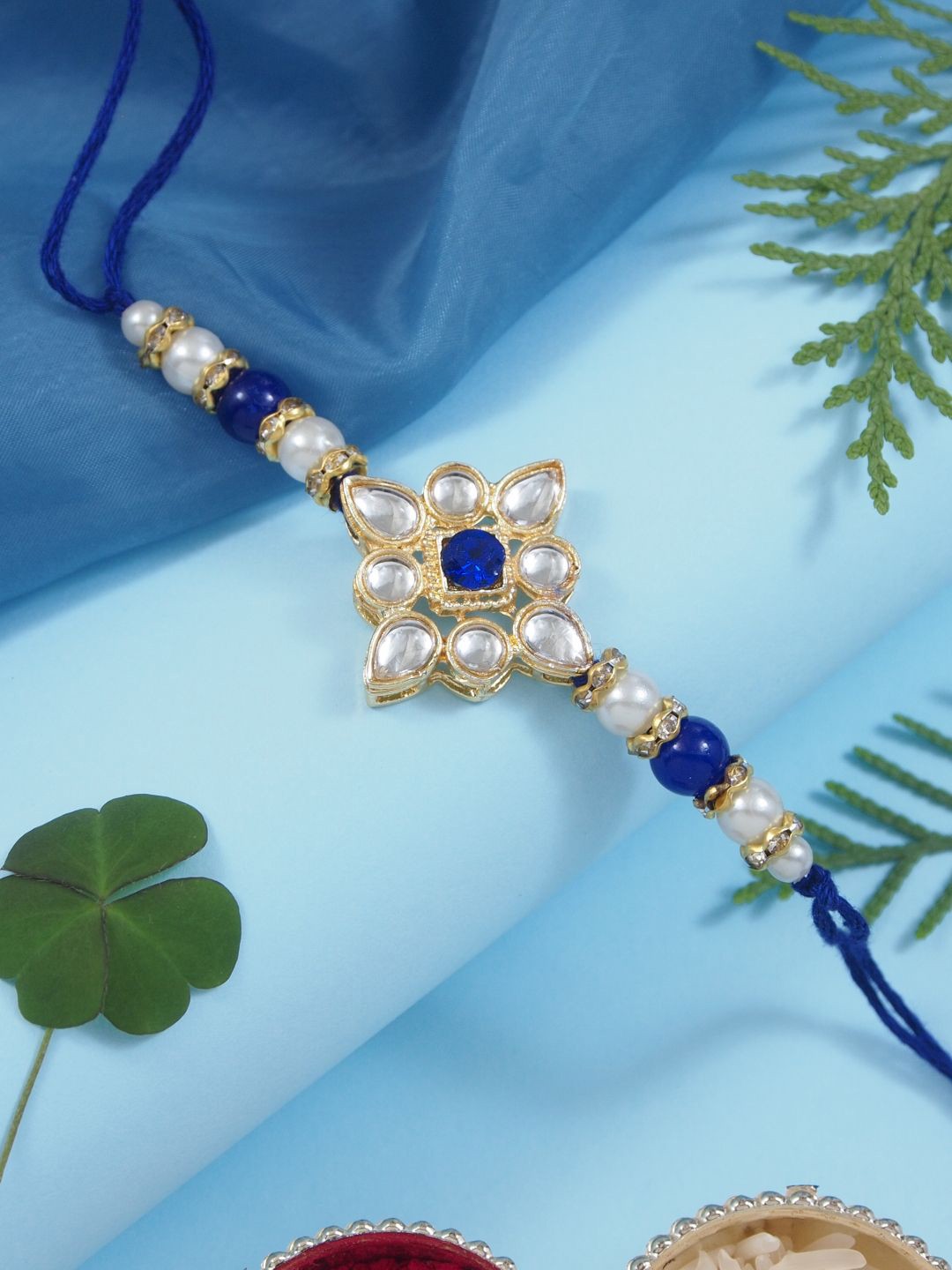 

I Jewels Kundan Studded Pearl Beaded Thread Rakhi With Roli Chawal, Blue