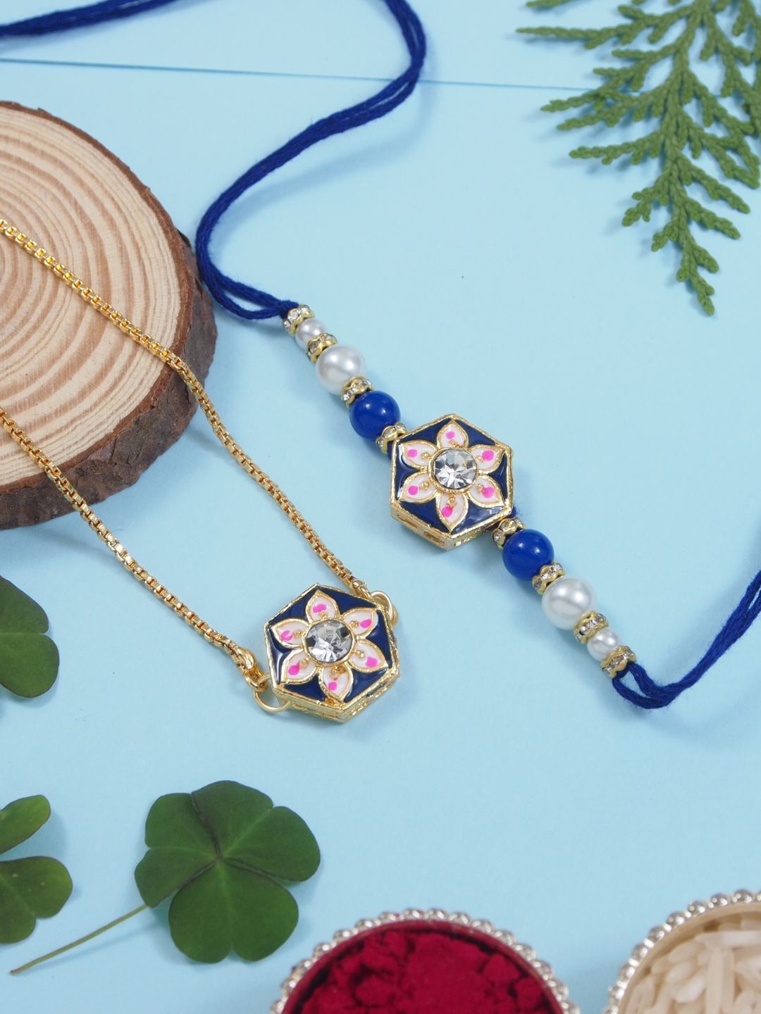 

I Jewels Set Of 2 Pearl Beaded Rakhis with Card & Roli Rice, Blue