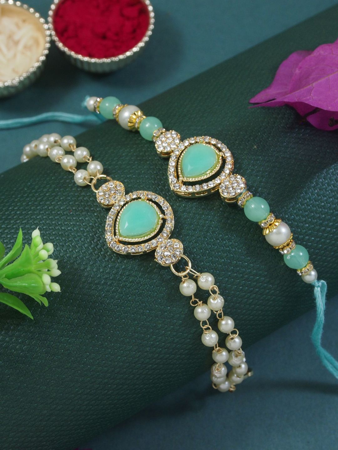 

I Jewels Set Of 2 Bhaiya Bhabhi Embellished Rakhi With Roli Chawal & Card, Sea green