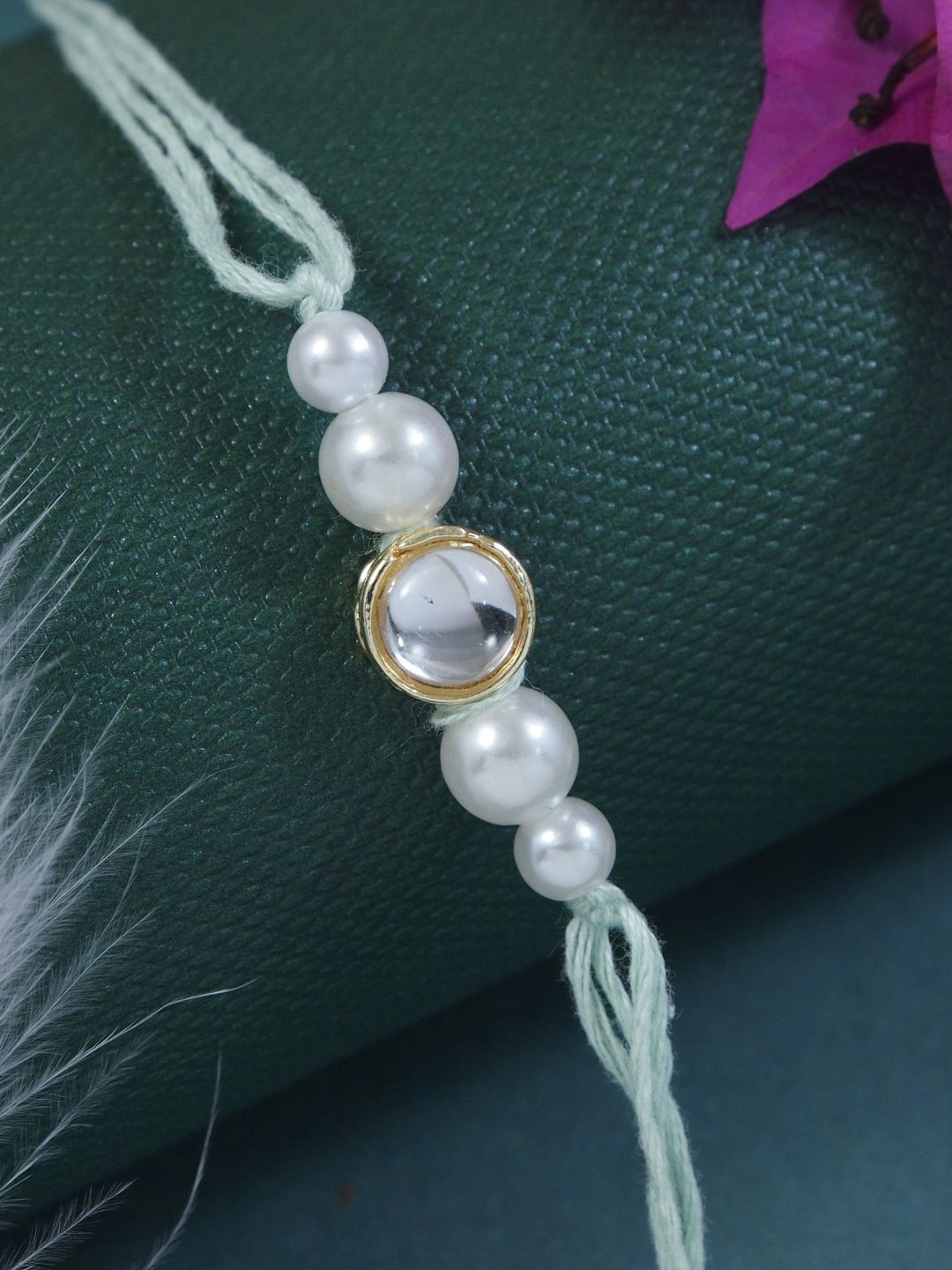 

I Jewels Kundan Studded Pearl Beaded Thread Rakhi With Roli Chawal, Gold