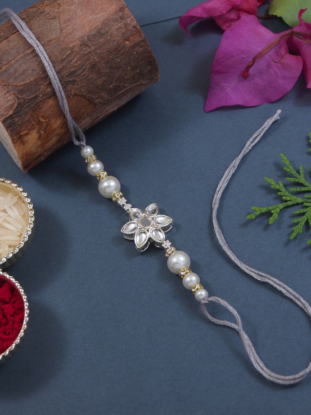 

I Jewels Kundan Studded Pearl Beaded Thread Rakhi With Roli Chawal & Rakshabandhan Card, Grey