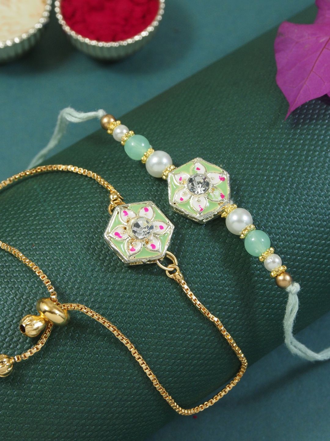 

I Jewels Pearl Beaded Meenakari Bhaiya Bhabhi Lumba Bracelet Rakhis With Roli Chawal, Sea green