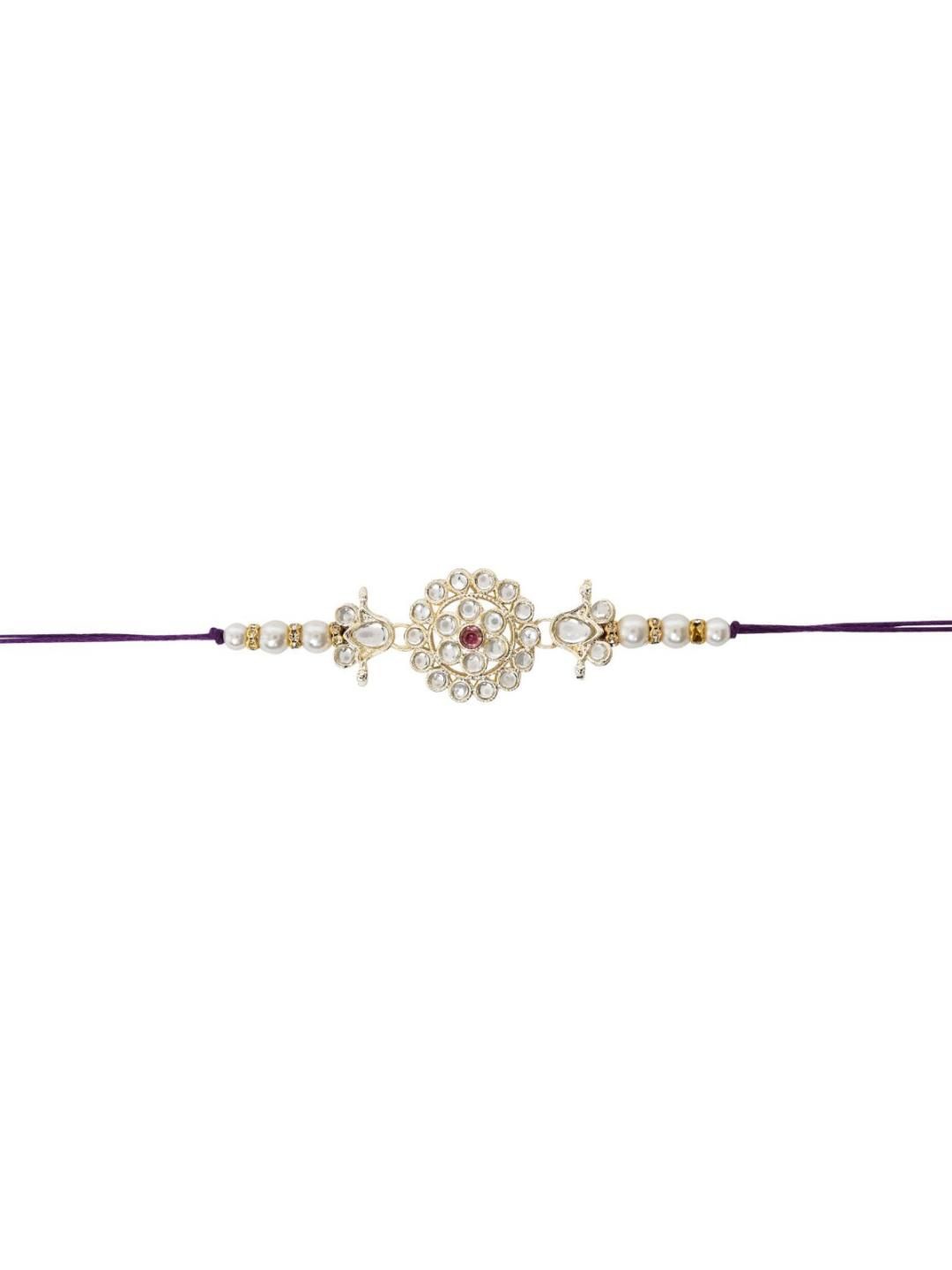 

I Jewels Kundan Studded Pearl Beaded Thread Rakhi With Roli Chawal & Rakshabandhan Card, Purple