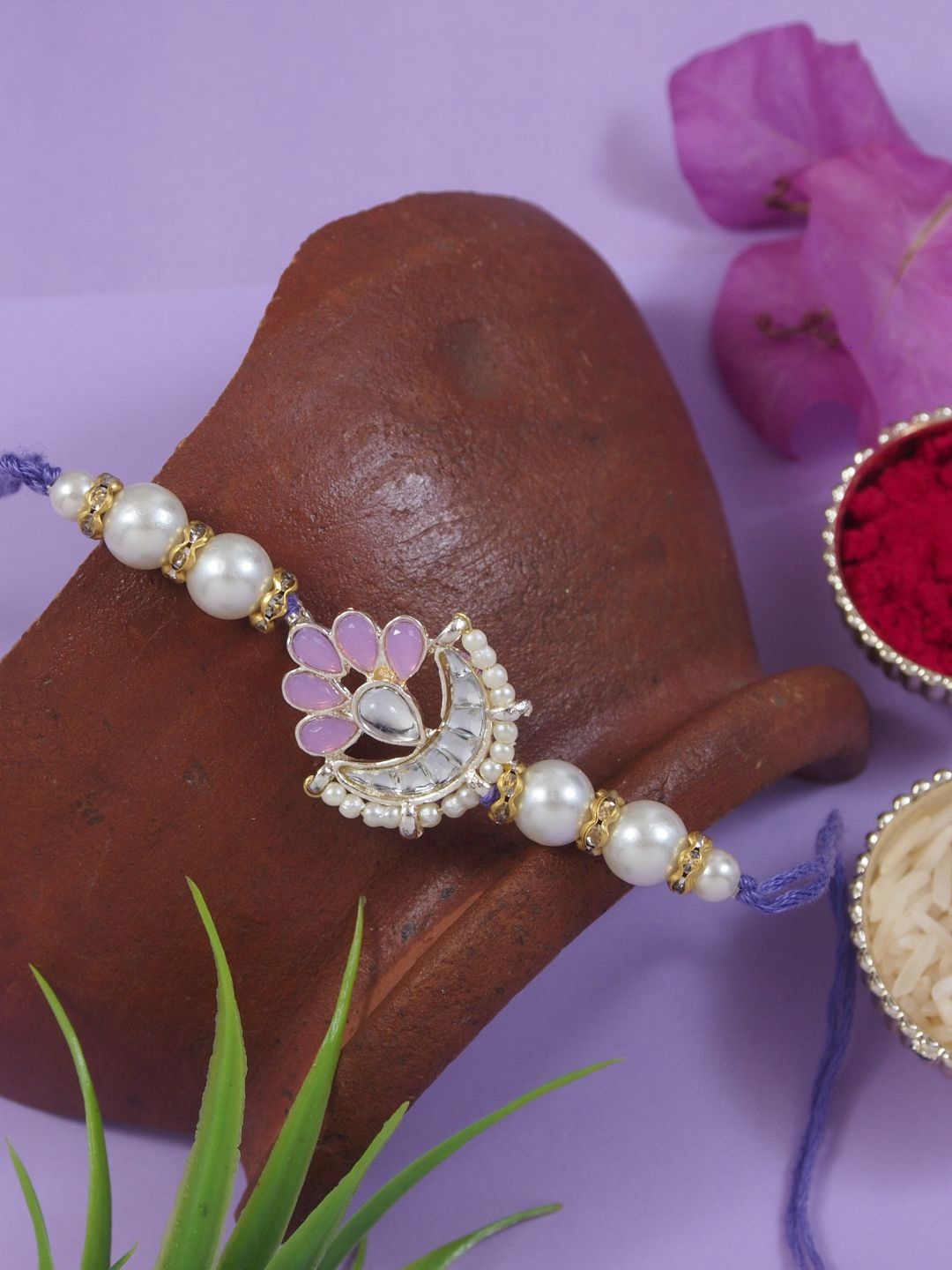 

I Jewels Kundan Studded Pearl Beaded Thread Rakhi With Roli Chawal & Rakshabandhan Card, Purple