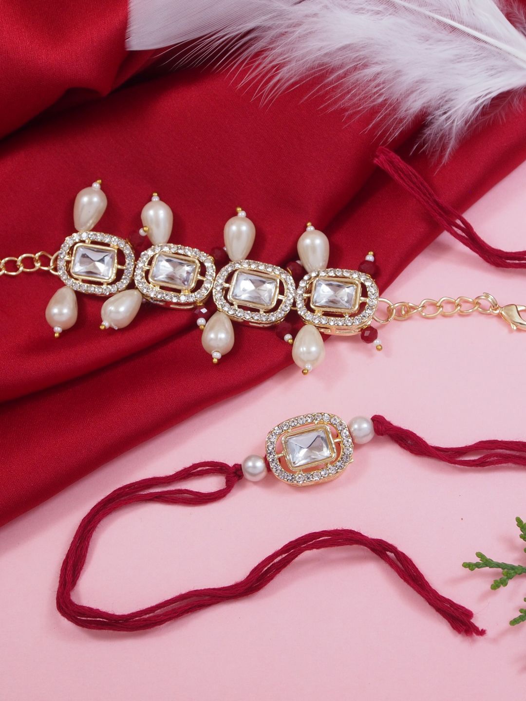 

I Jewels 2-Pcs Kundan Pearl-Beaded Bhaiya Rakhi With Roli Chawal & Rakshabandhan Card, Maroon