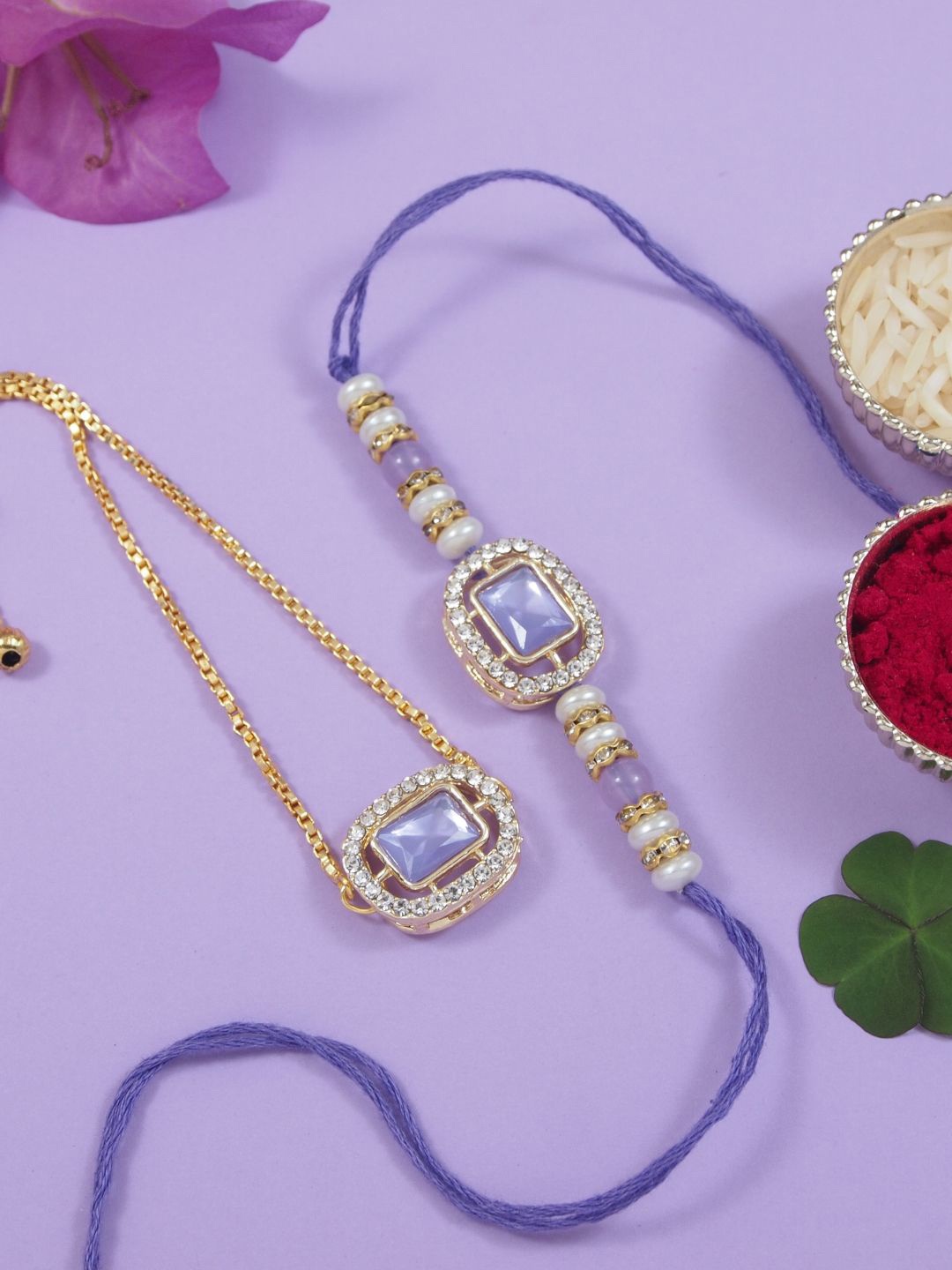 

I Jewels 4-Pcs Kundan-Studded & Pearl-Beaded Rakhi Greeting Card & Roli Chawal Gift Set, Gold