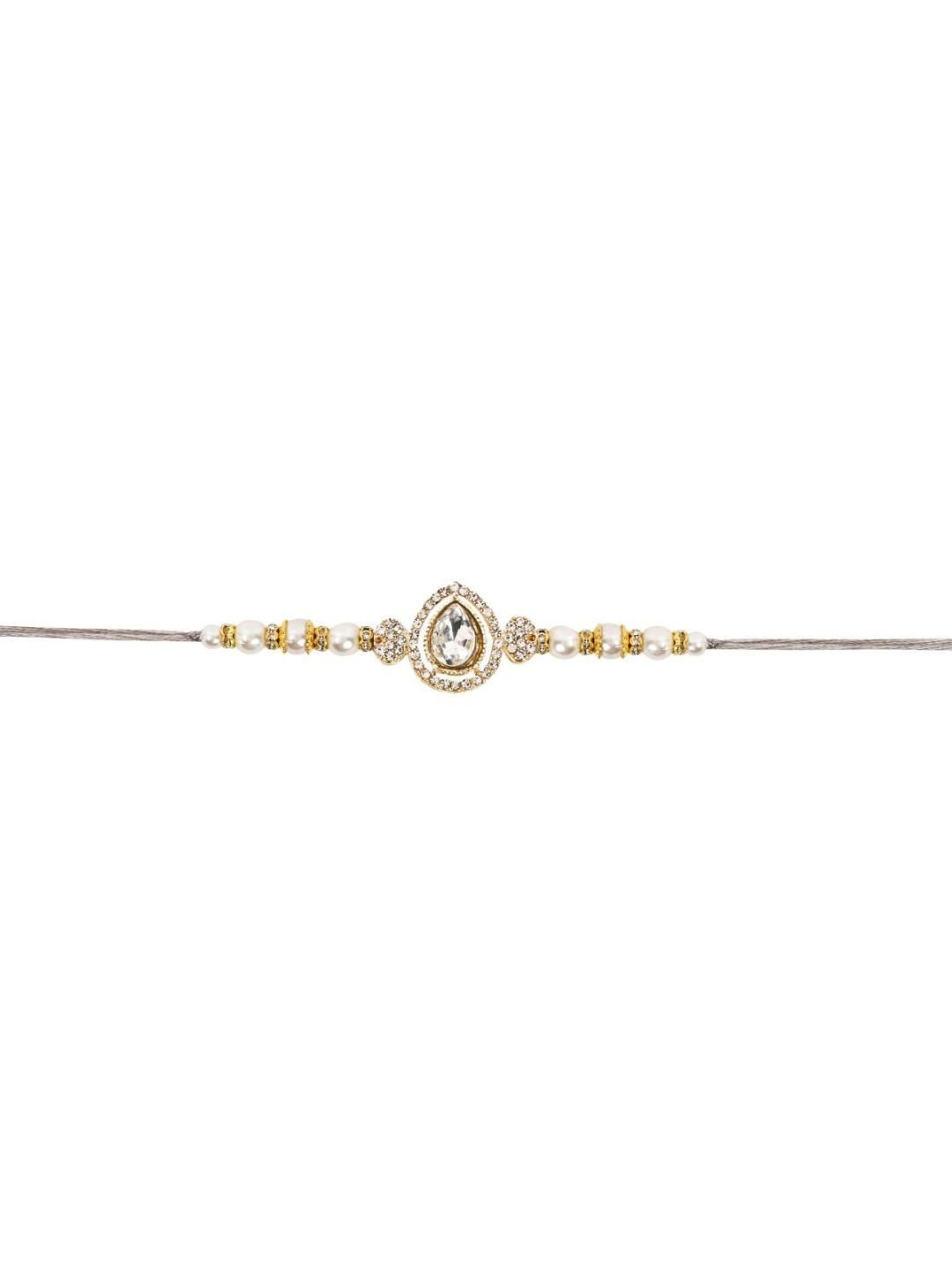 

I Jewels Kundan Studded Pearl Beaded Thread Rakhi With Roli Chawal & Rakshabandhan Card, White