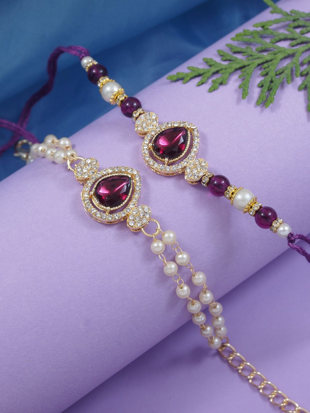 

I Jewels Set Of 2 Bhaiya Bhabhi Embellished Rakhi With Roli Chawal & Card, Purple