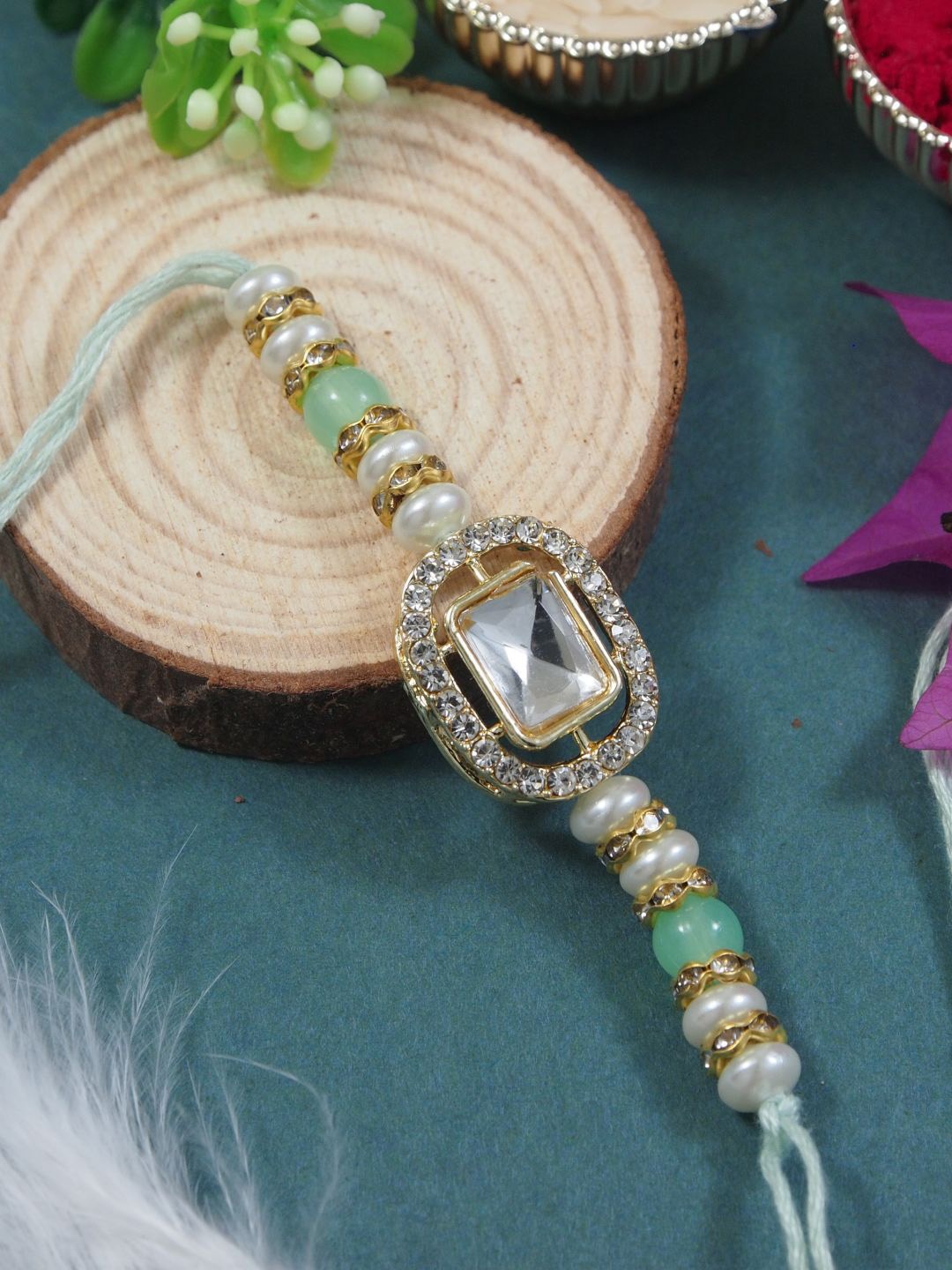 

I Jewels Kundan Studded Pearl Beaded Thread Rakhi With Roli Chawal & Rakshabandhan Card, Sea green