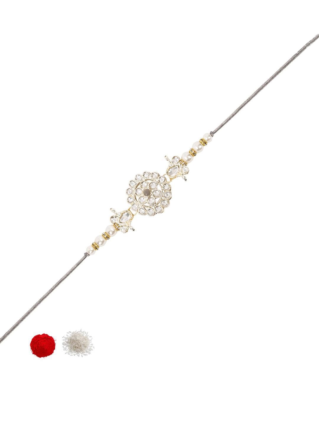 

I Jewels Kundan Studded Pearl Beaded Thread Rakhi With Roli Chawal & Rakshabandhan Card, Grey