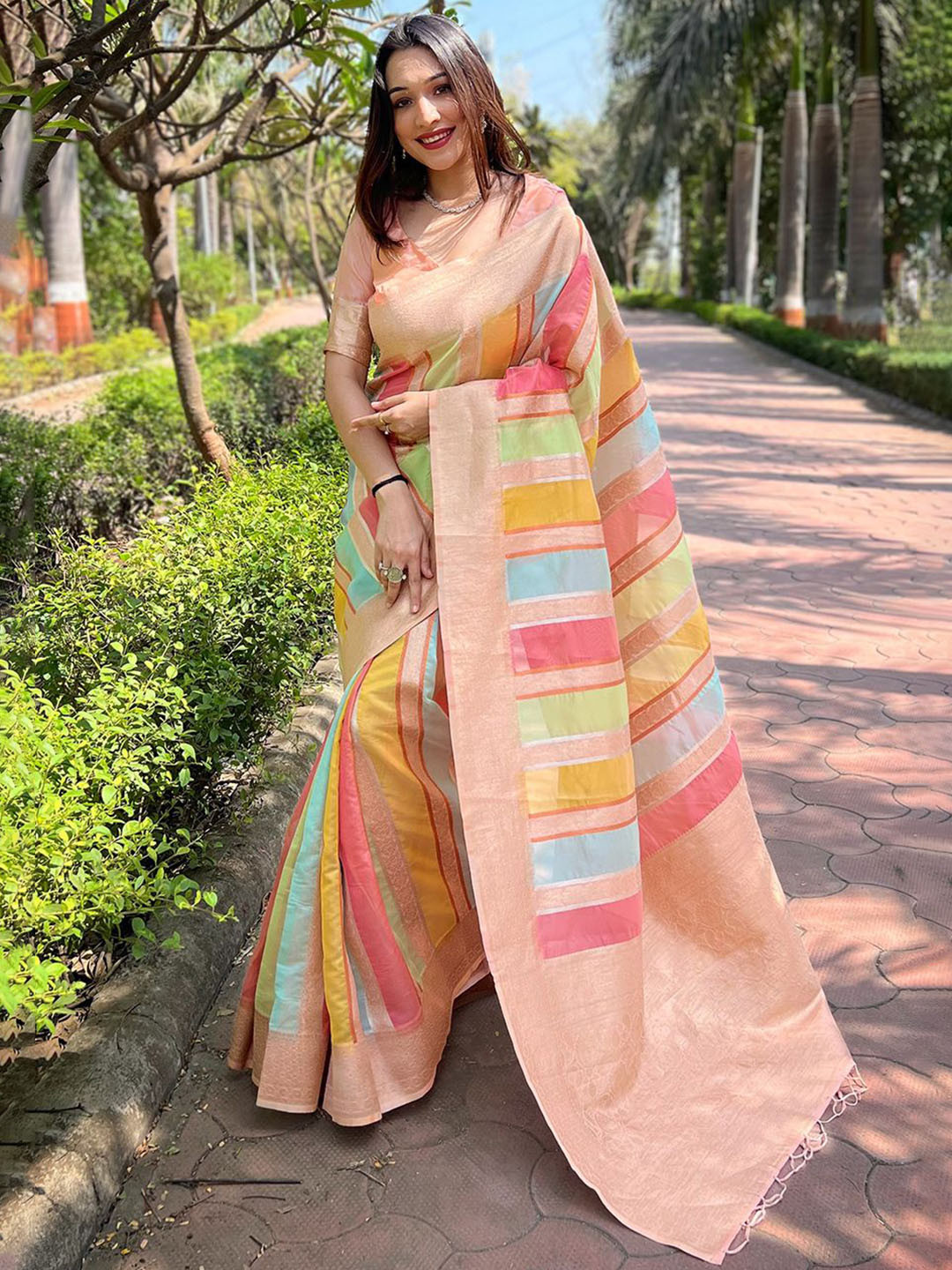 

LeeliPeeri Designer Striped Woven Design Zari Organza Banarasi Saree, Pink