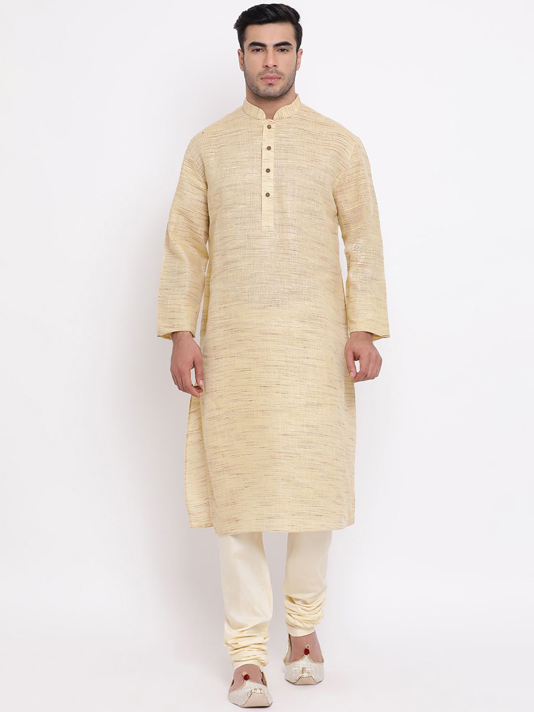 

ZOIS Striped Woven Design Mandarin Collar Straight Kurta With Churidar, Beige