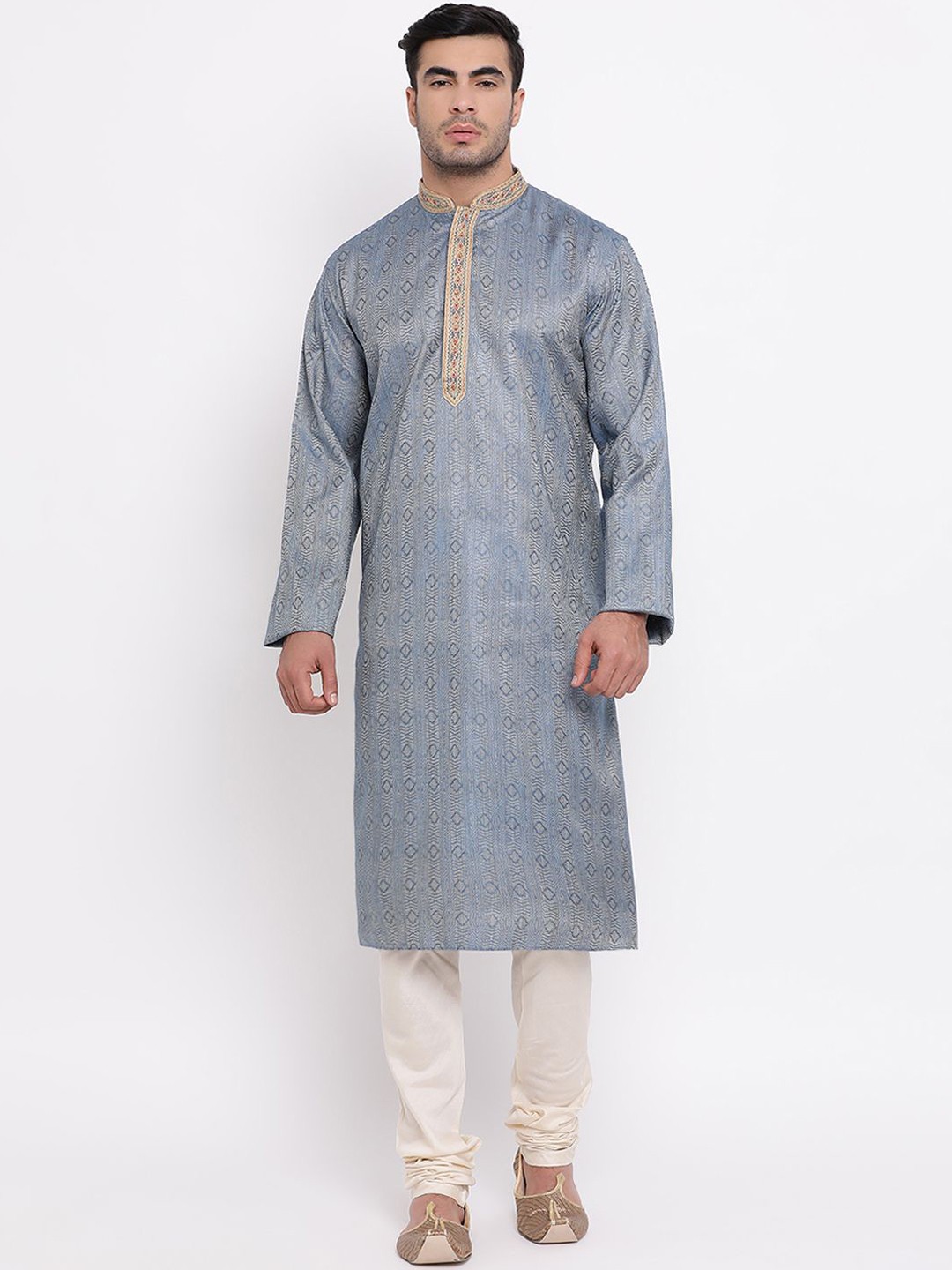 

ZOIS Geometric Woven Design Mandarin Collar Straight Kurta with Churidar, Blue