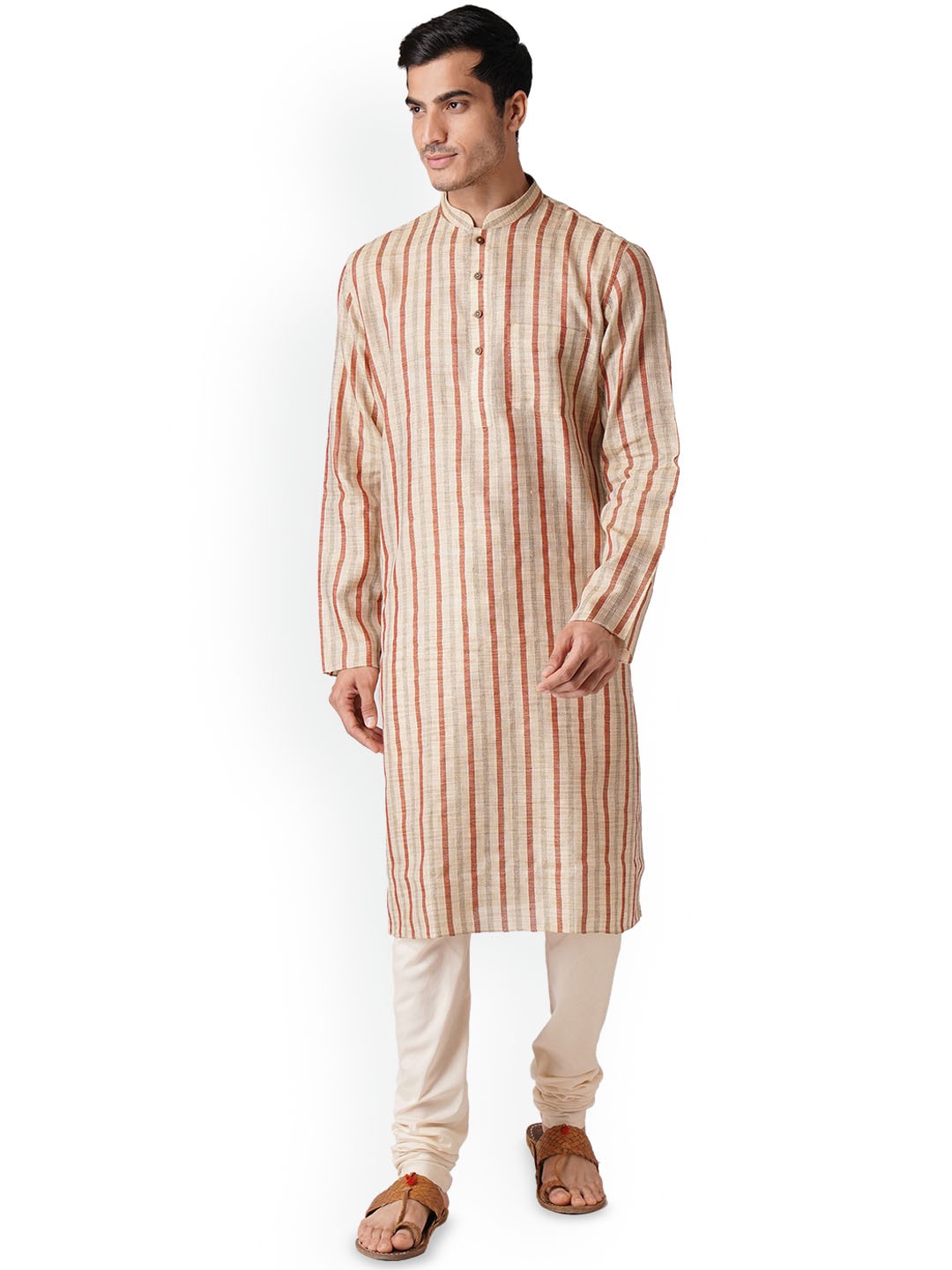 

ZOIS Striped Woven Design Mandarin Collar Pure Cotton Straight Kurta With Churidar, Beige