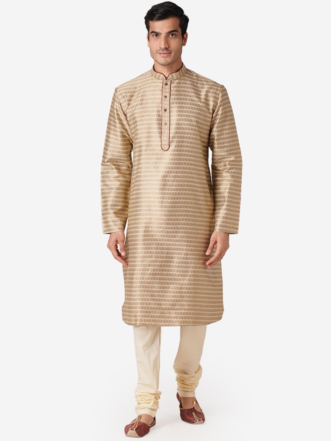 

ZOIS Ethnic Motifs Woven Design Mandarin Collar Straight Kurta With Churidar, Gold