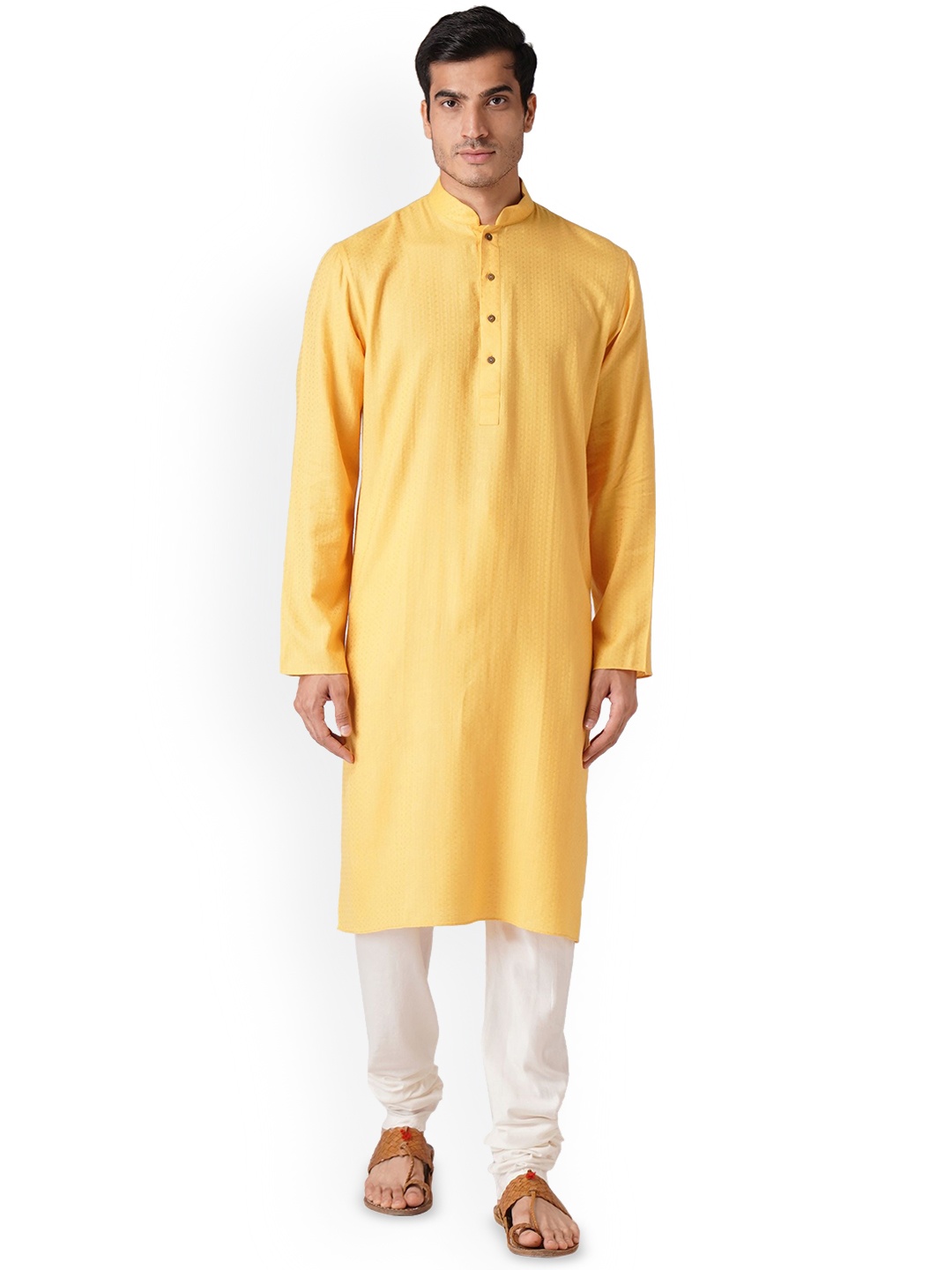 

ZOIS Geometric Woven Design Mandarin Collar Pure Cotton Straight Kurta with Pyjamas, Yellow