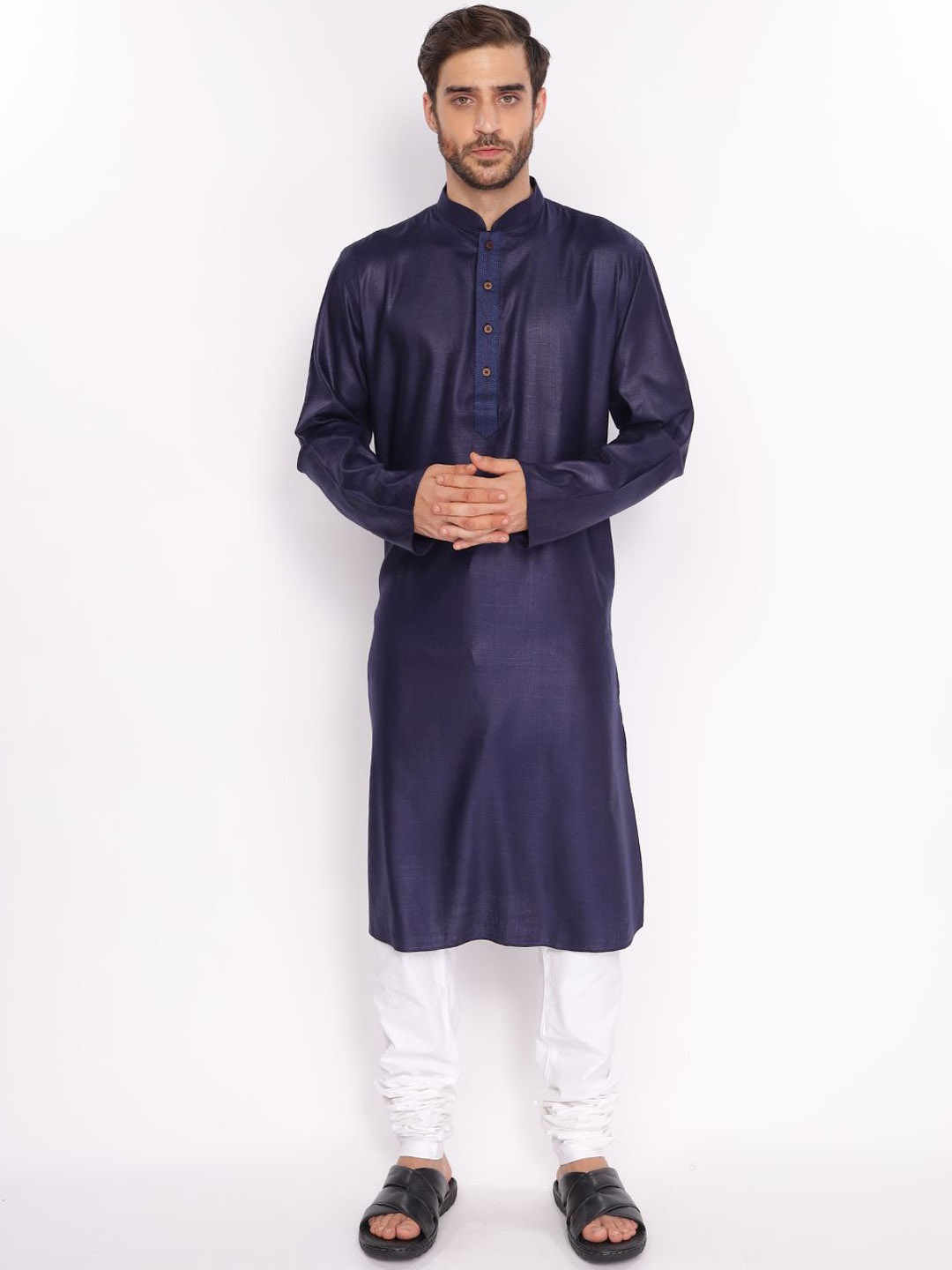 

ZOIS Mandarin Collar Pure Cotton Straight Kurta with Churidar, Navy blue