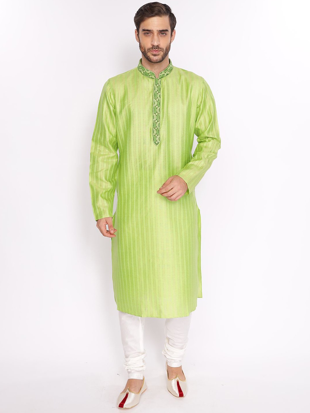 

ZOIS Striped Mandarin Collar Straight Kurta with Churidar, Lime green