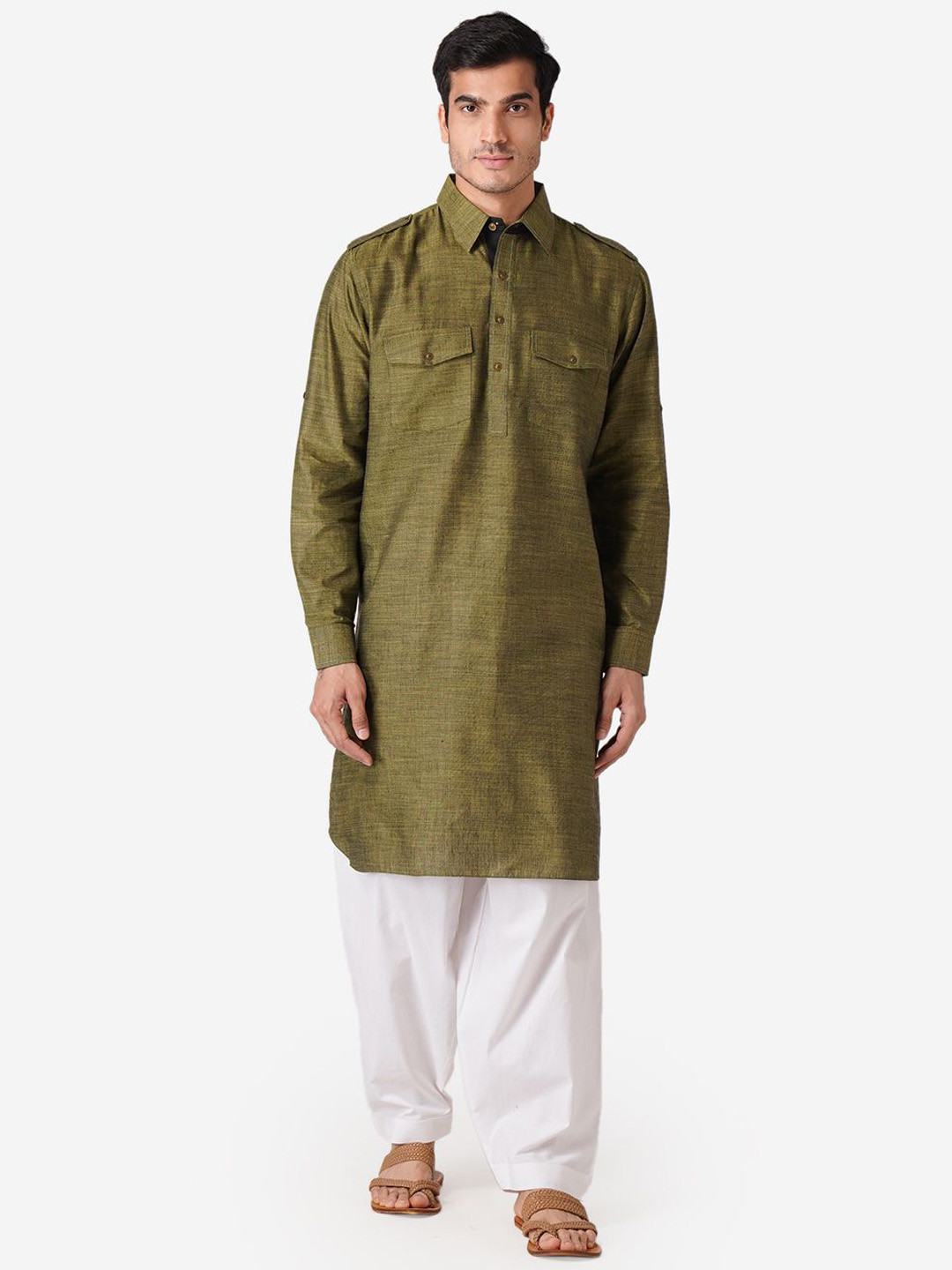 

ZOIS Shirt Collar Roll-Up Sleeves Pure Cotton Pathani Kurta with Pyjamas, Olive
