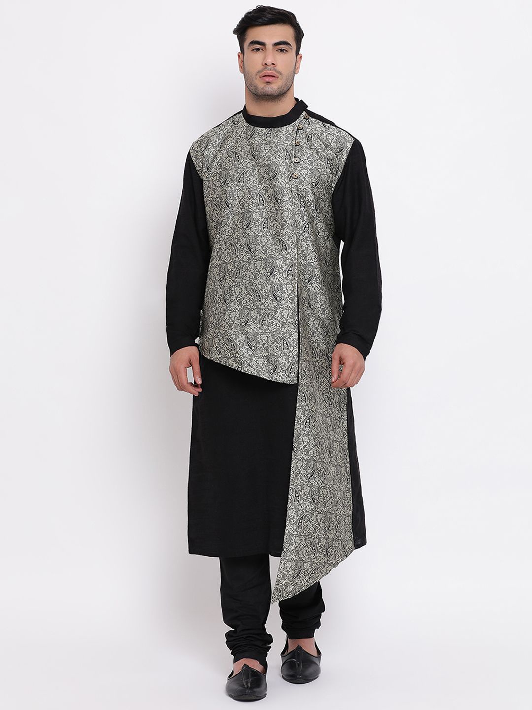 

ZOIS Ethnic Motifs Woven Design Mandarin Collar Straight Kurta With Churidar, Black