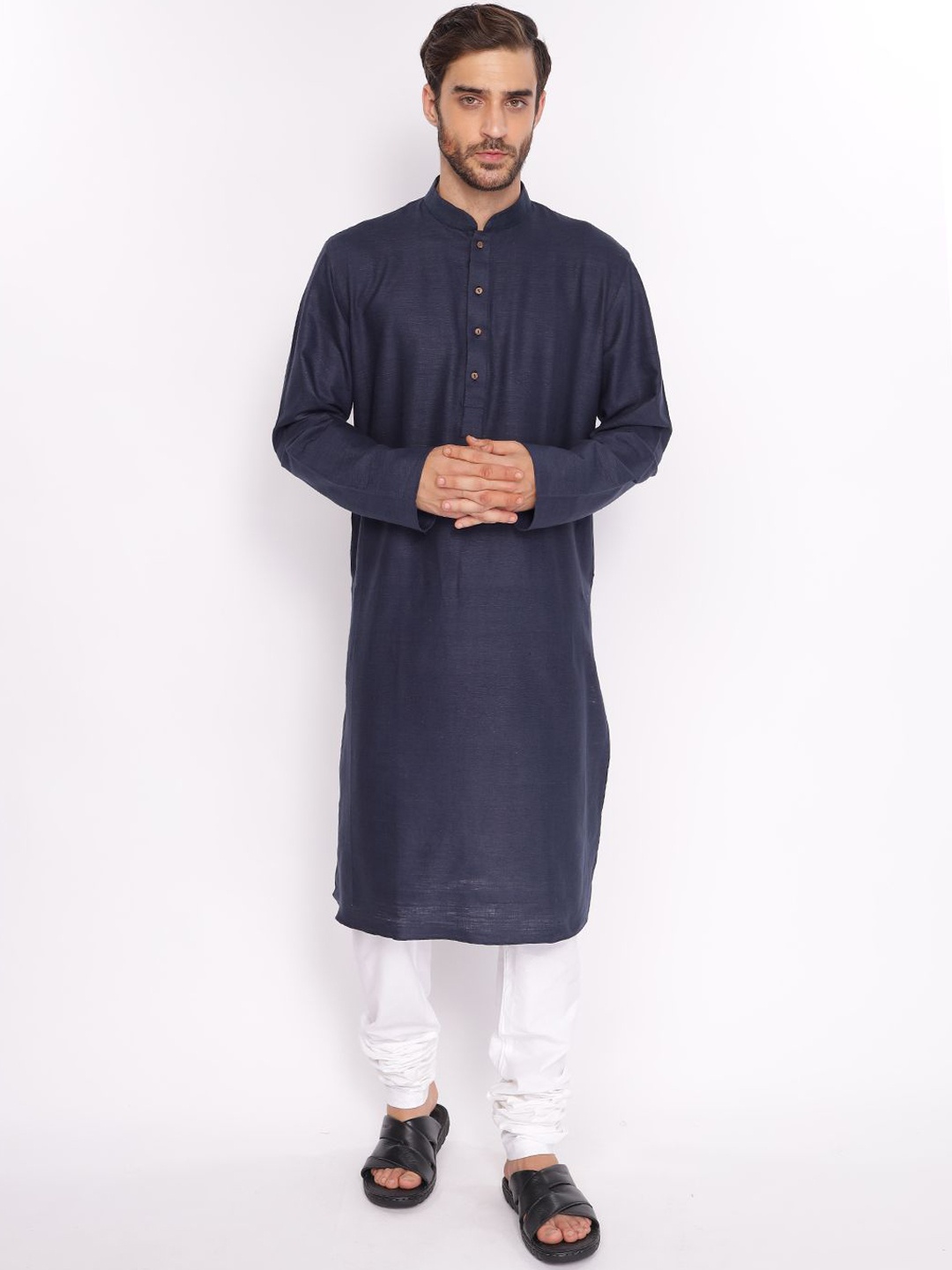 

ZOIS Mandarin Collar Pure Cotton Straight Kurta with Churidar, Navy blue