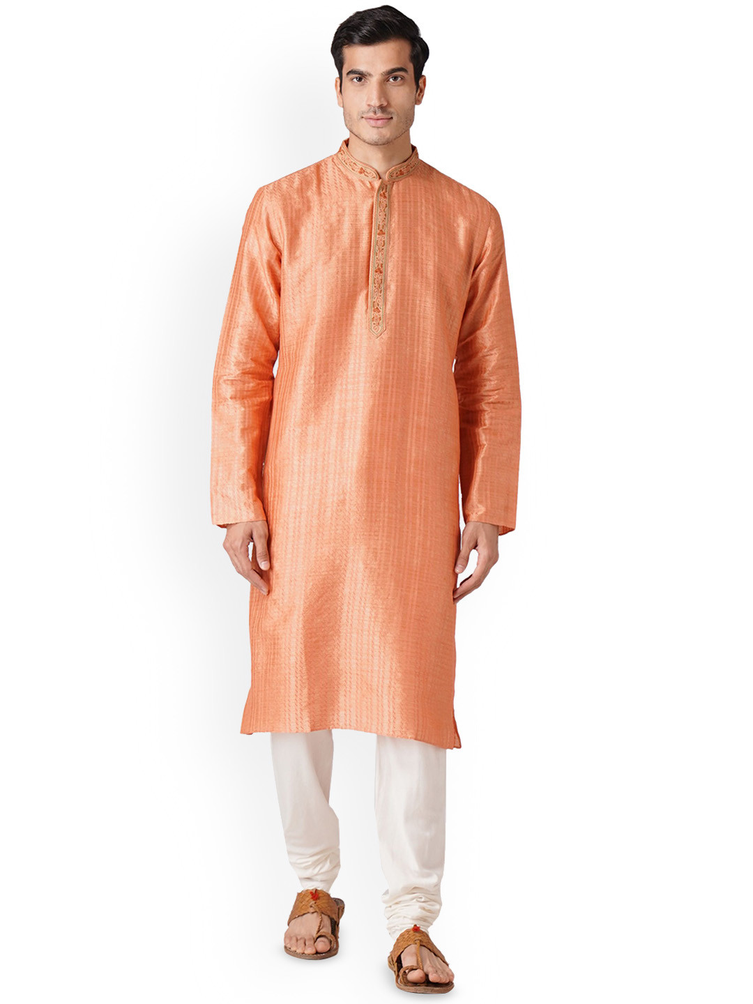 

ZOIS Striped Woven Design Thread Work Mandarin Collar Straight Kurta With Churidar, Orange