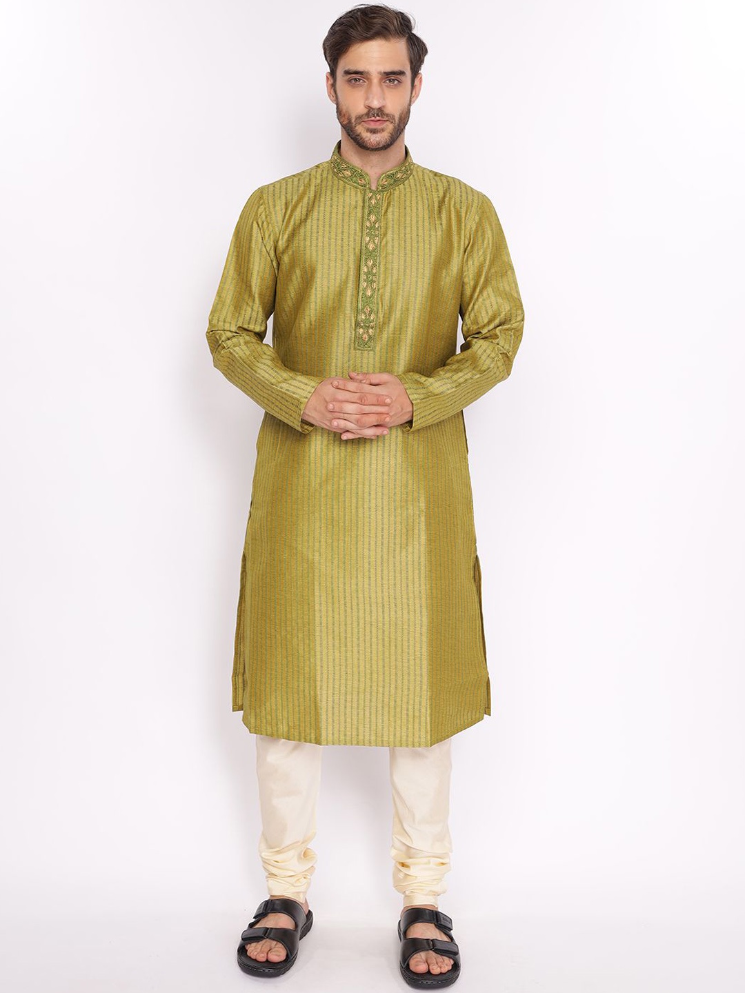 

ZOIS Striped Woven Design Thread Work Mandarin Collar Straight Kurta With Churidar, Green