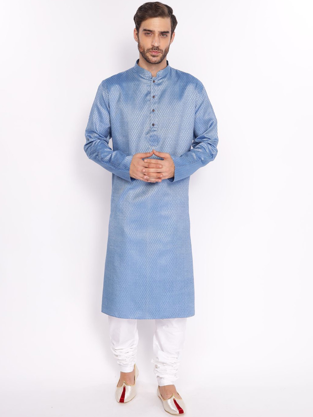 

ZOIS Ethnic Motifs Woven Design Mandarin Collar Straight Kurta with Churidar, Blue