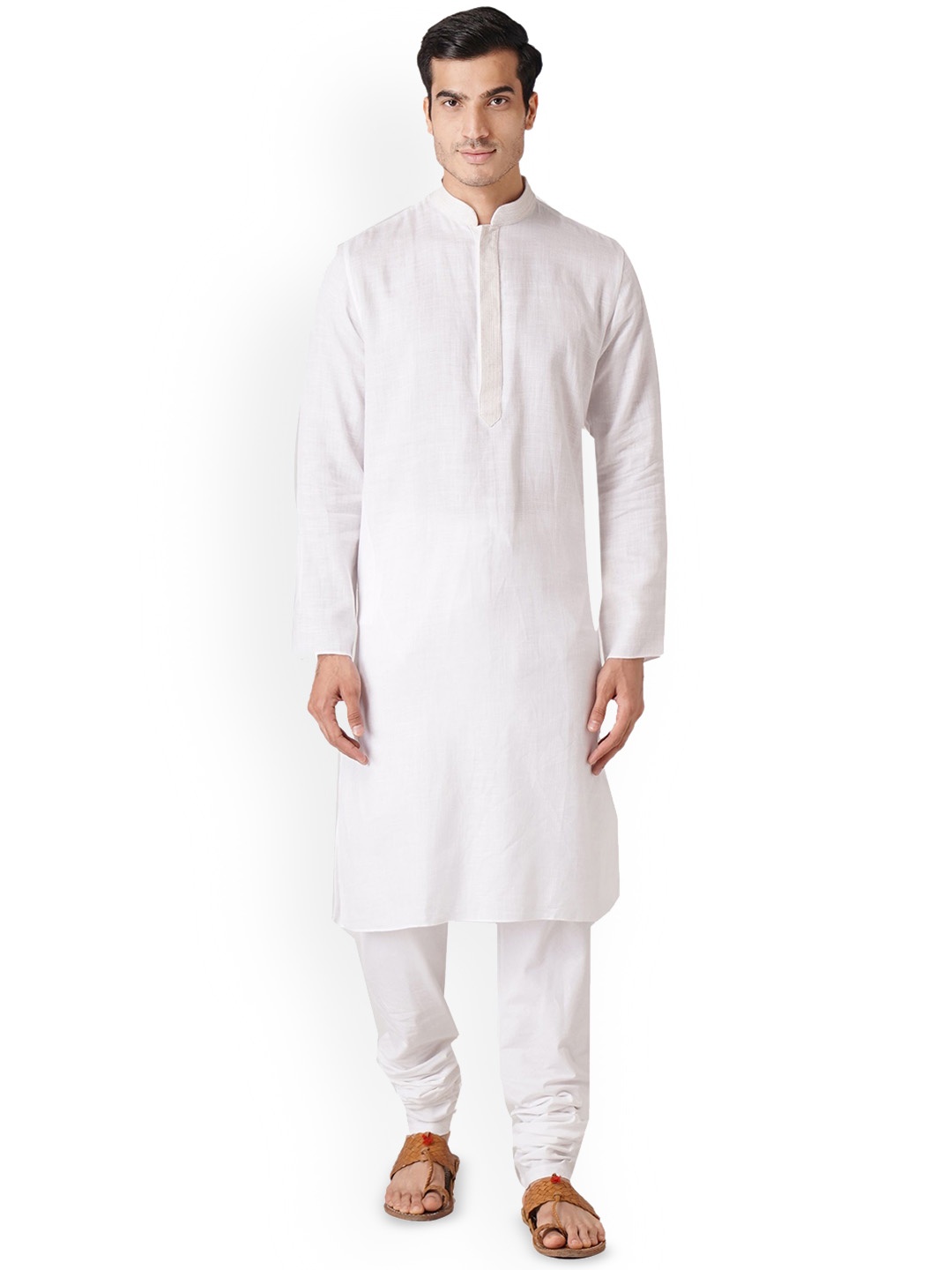 

ZOIS Striped Woven Design Mandarin Collar Pure Cotton Kurta With Churidar, White