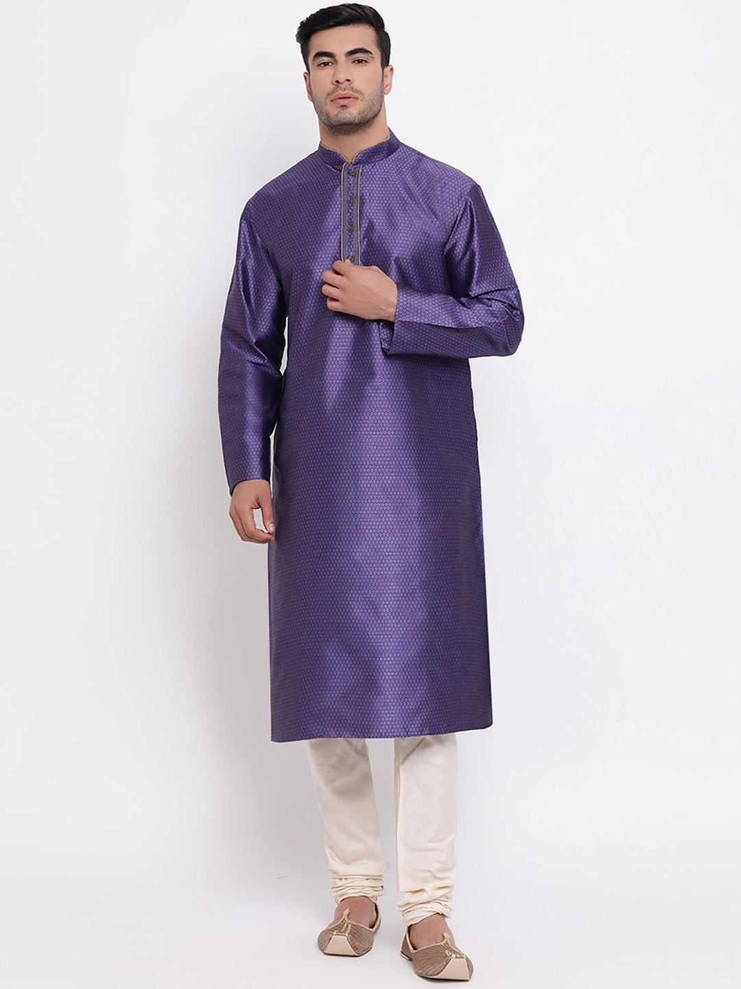 

ZOIS Floral Woven Design Mandarin Collar Straight Kurta with Churidar, Blue