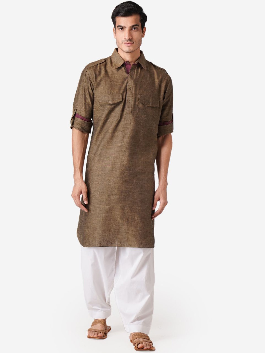 

ZOIS Shirt Collar Pure Cotton Pathani Kurta With Churidar, Brown