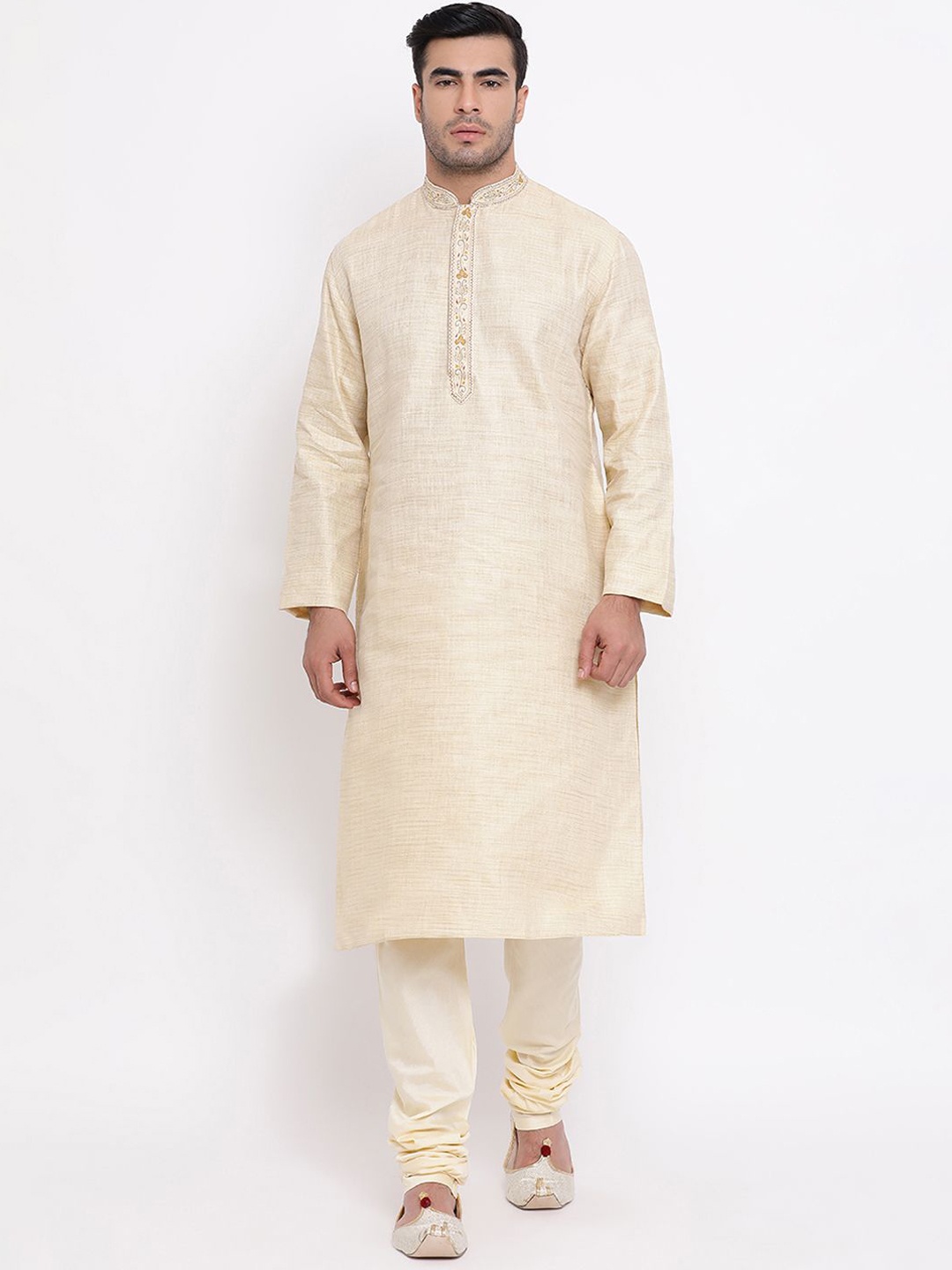 

ZOIS Woven Design Thread Work Mandarin Collar Straight Kurta With Churidar, Beige