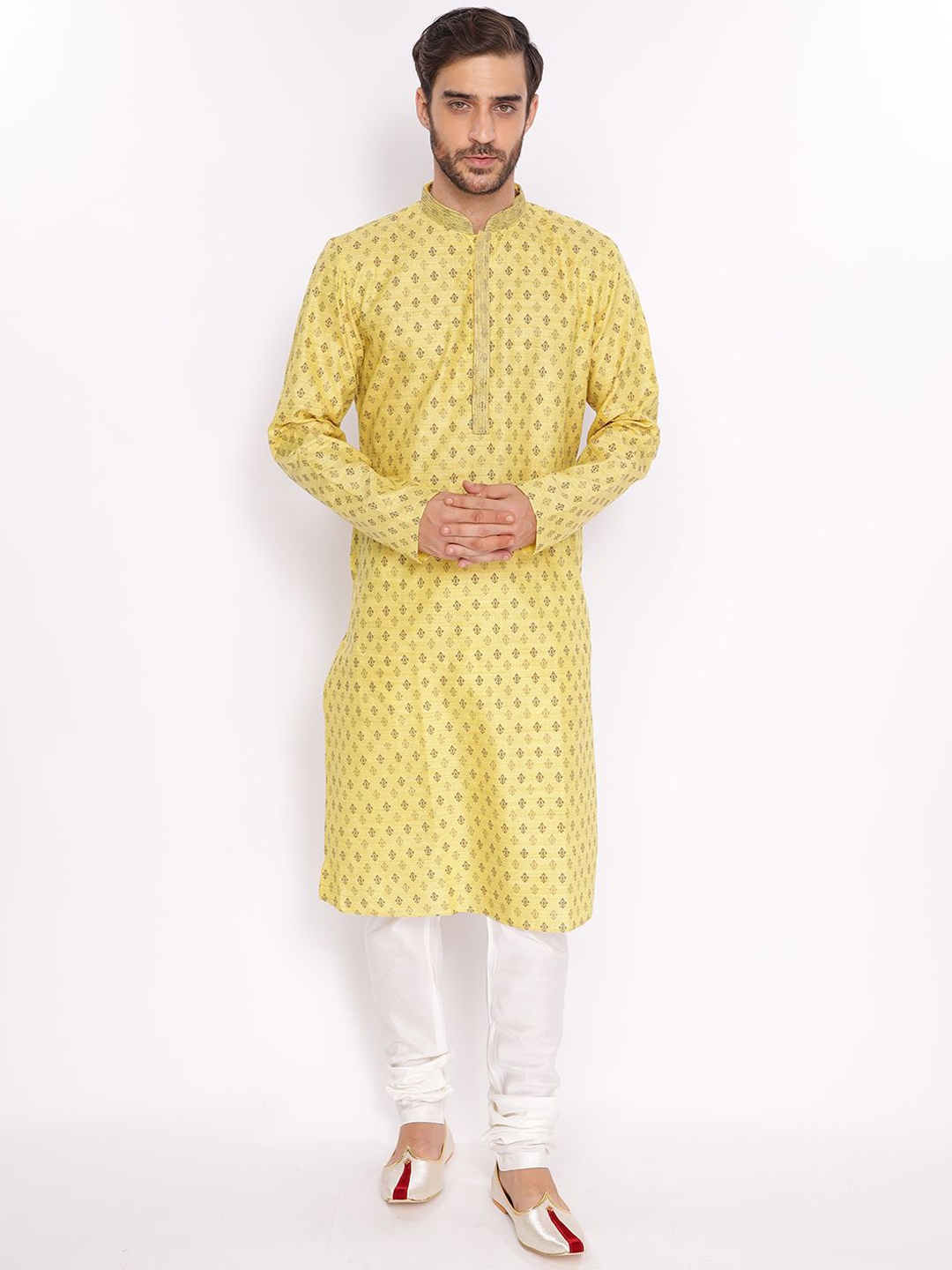 

ZOIS Floral Embroidered Mandarin Collar Straight Kurta with Churidar, Yellow