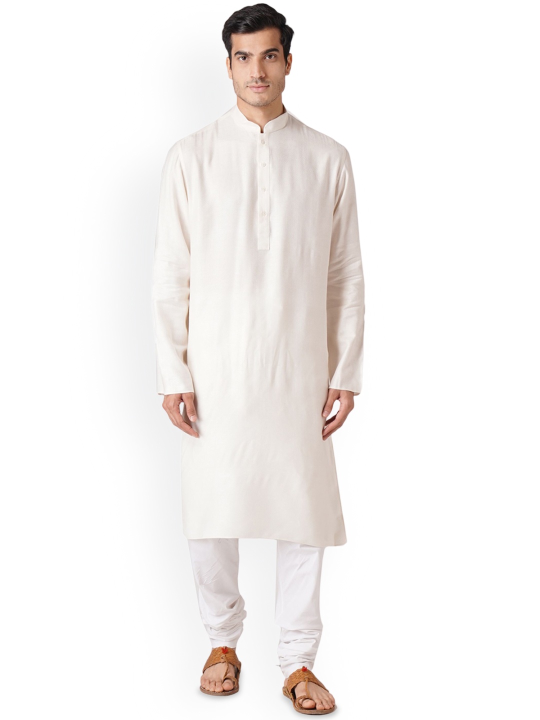 

ZOIS Self Design Mandarin Collar Pure Cotton Straight Kurta with Churidar, Beige