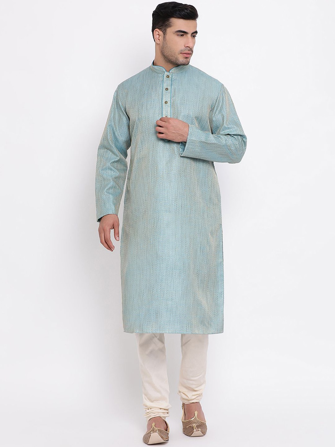 

ZOIS Checked Woven Design Mandarin Collar Straight Kurta With Churidar, Blue