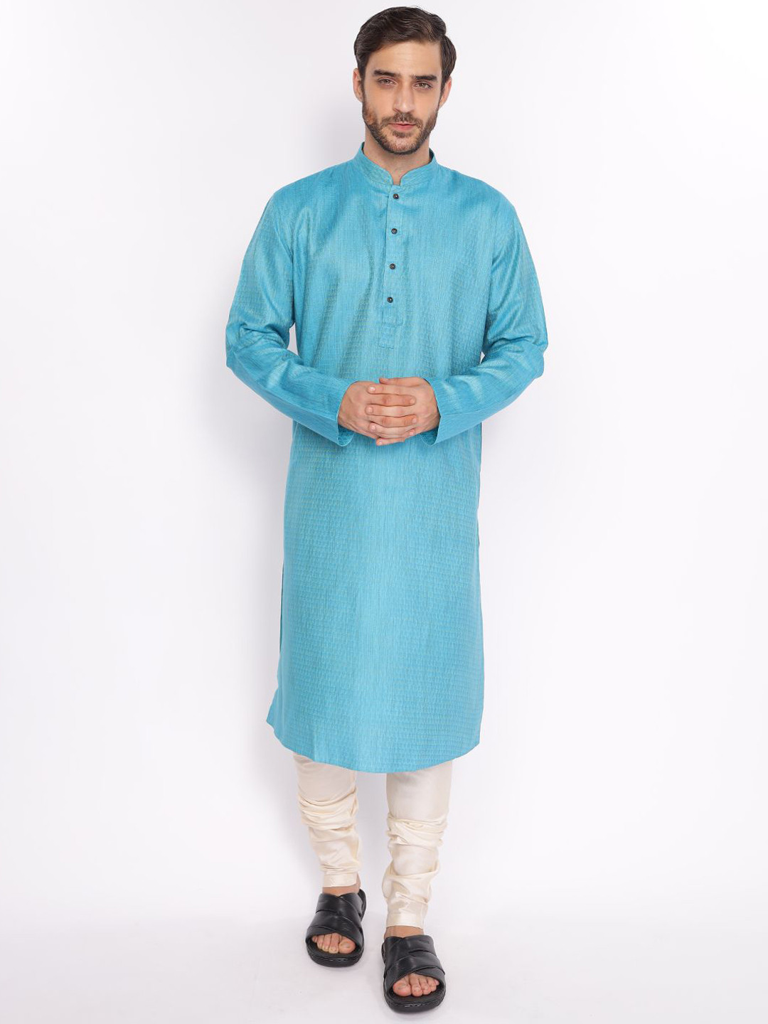 

ZOIS Striped Woven Design Mandarin Collar Straight Kurta With Churidar, Blue
