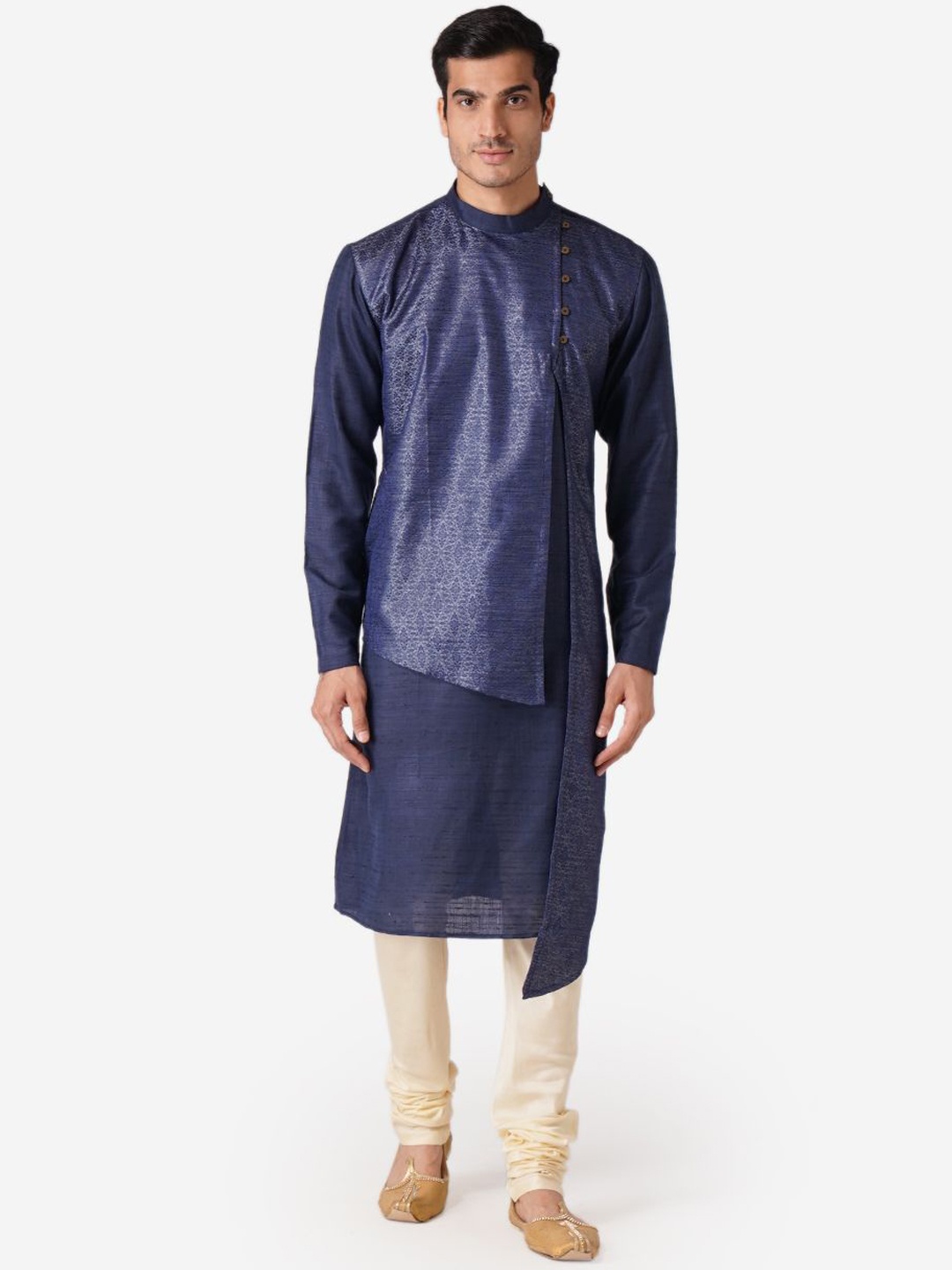 

ZOIS Floral Woven Design Mandarin Collar Angrakha Straight Kurta with Churidar, Navy blue