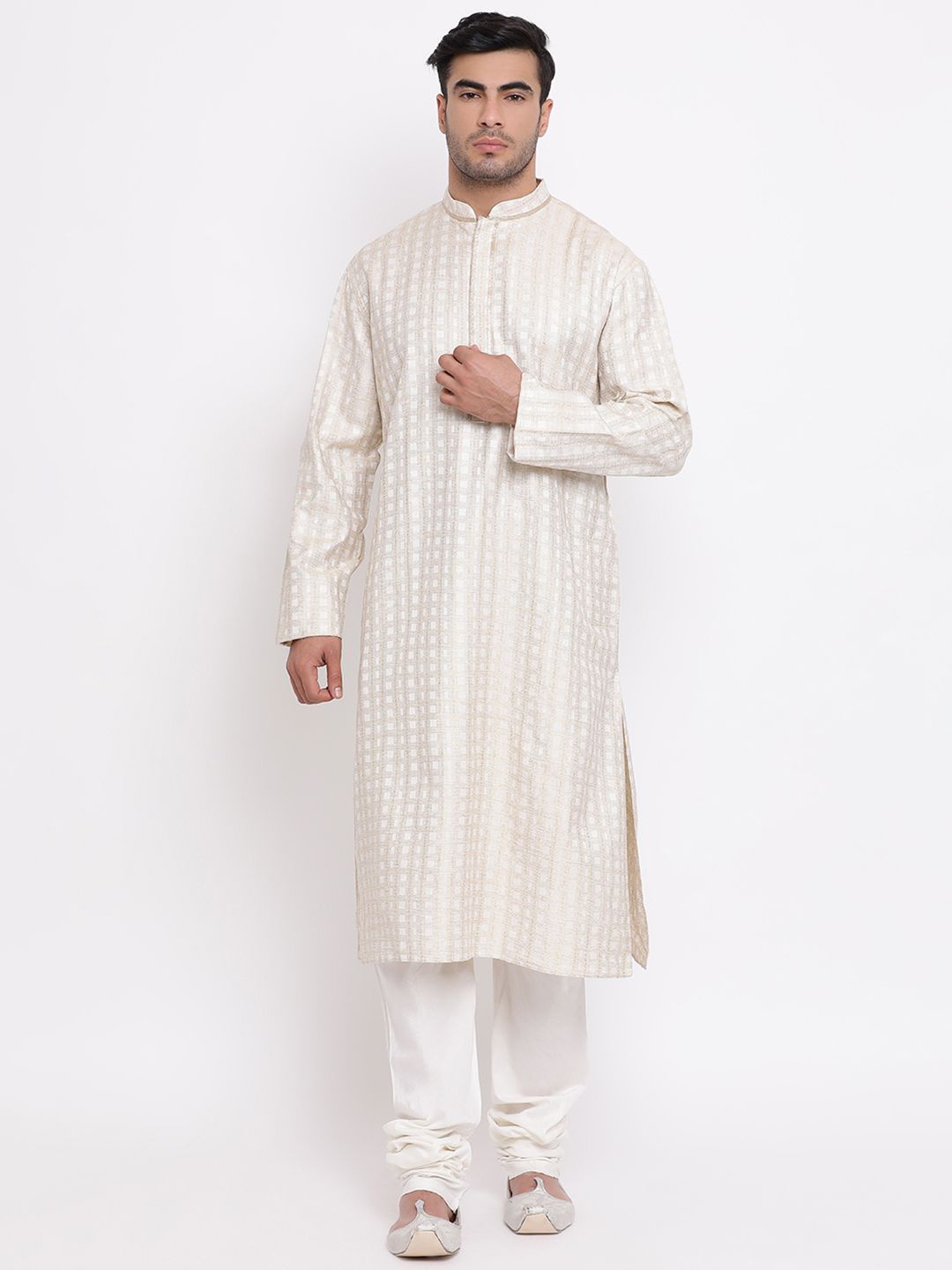 

ZOIS Checked Woven Design Mandarin Collar Pure Cotton Straight Kurta With Pyjamas, Beige