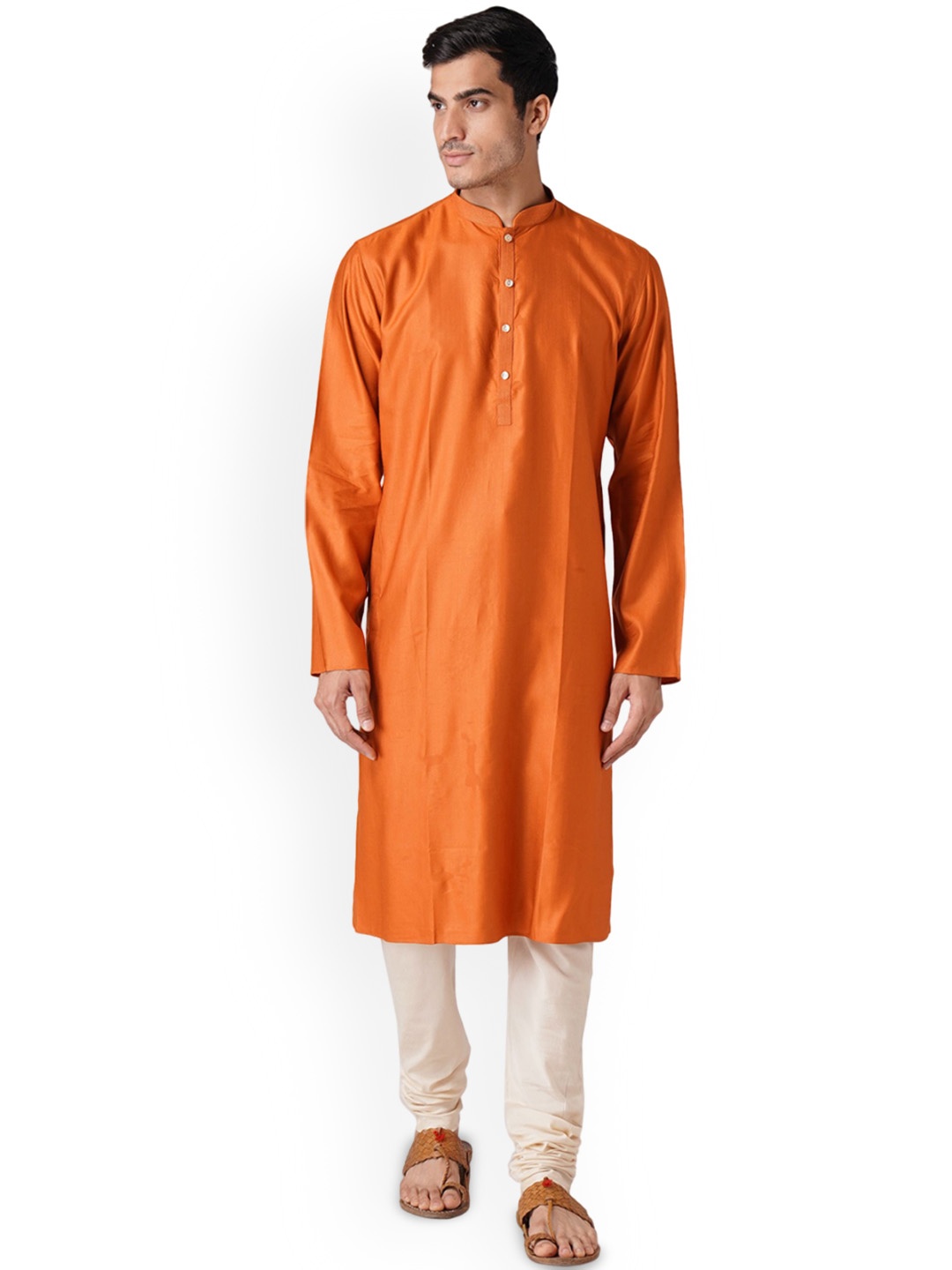 

ZOIS Mandarin Collar Cotton Silk Regular Kurta with Churidar, Orange