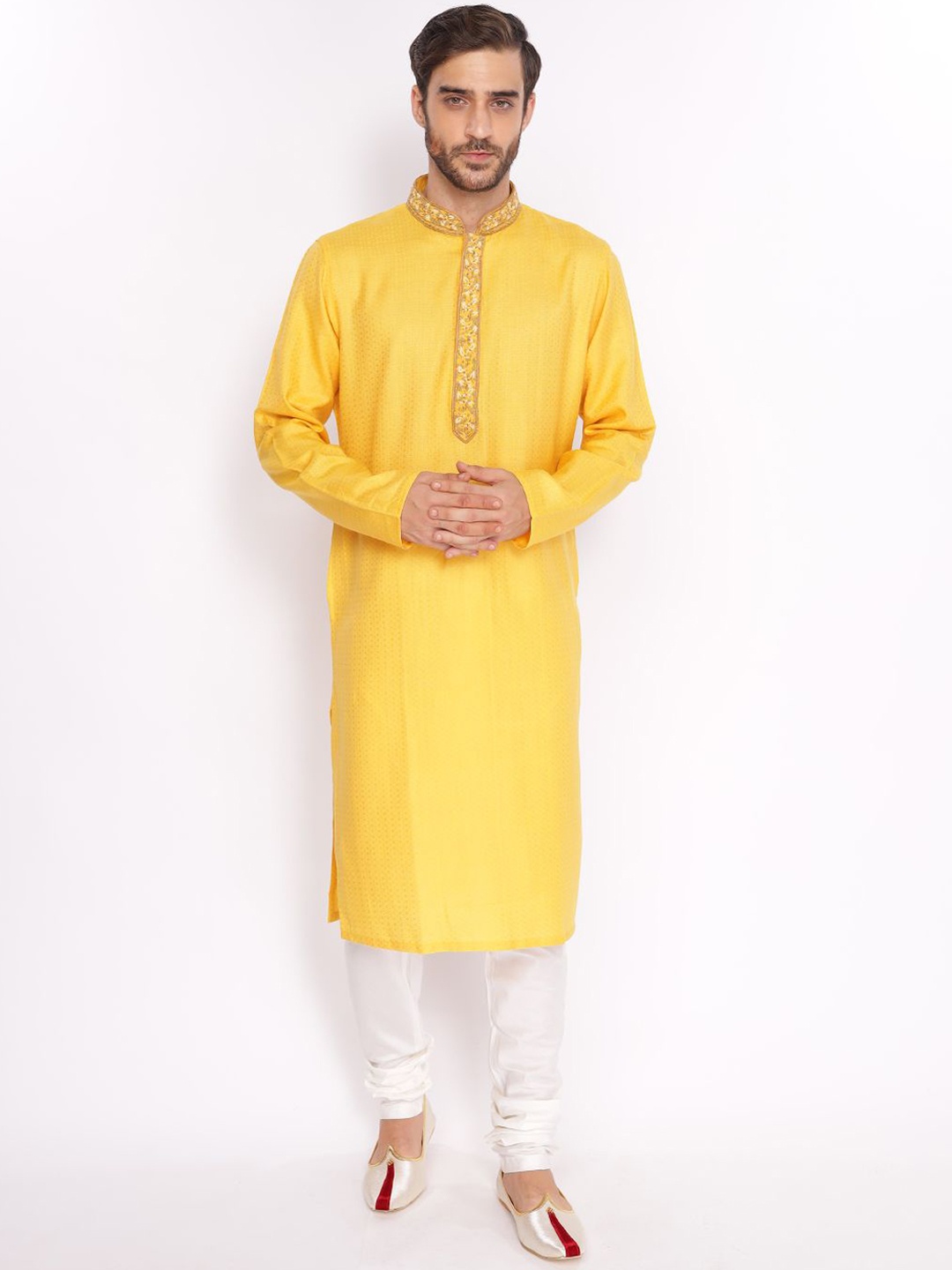 

ZOIS Woven Design Thread Work Mandarin Collar Pure Cotton Regular Kurta with Churidar, Yellow